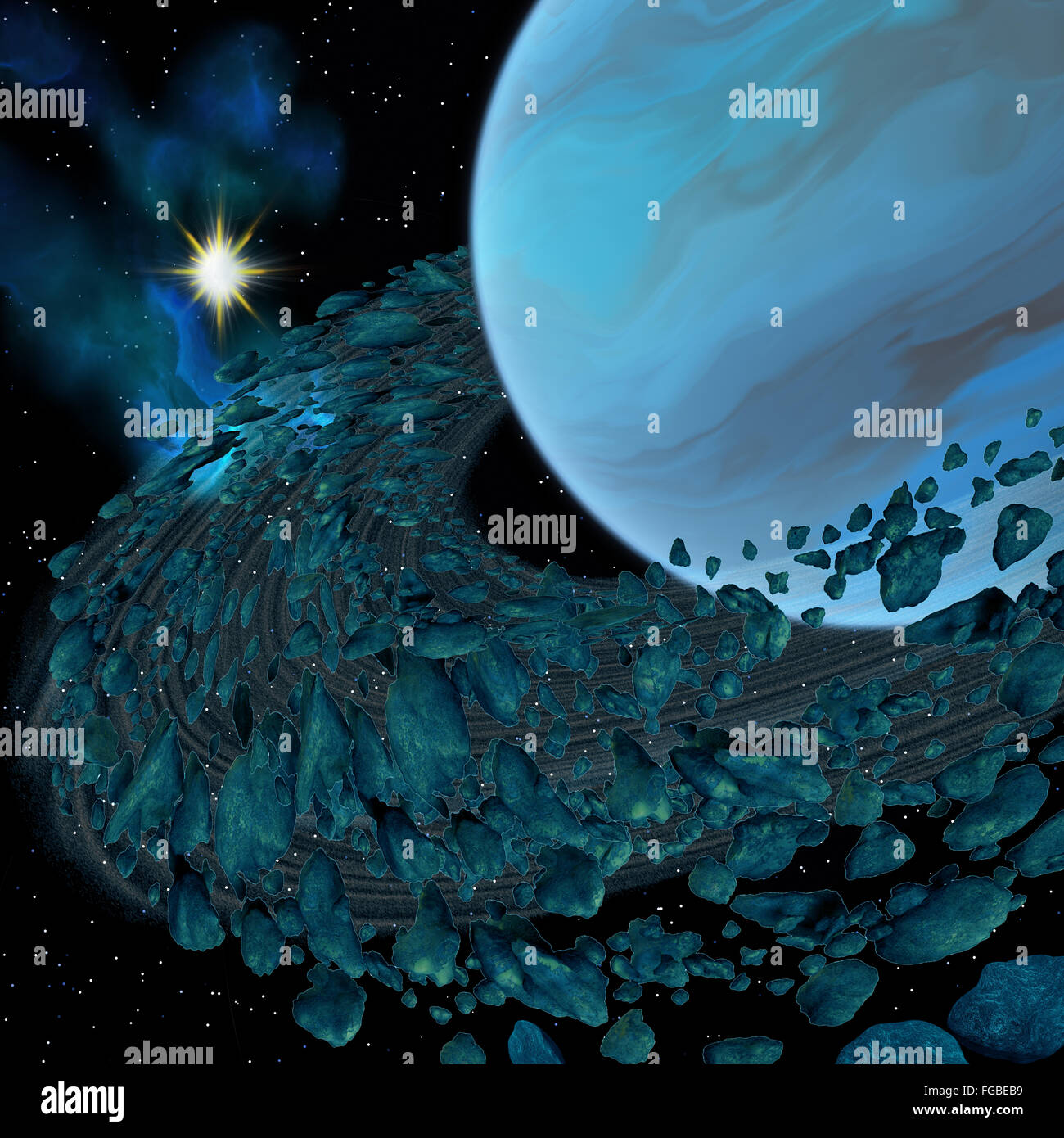 A planetary ring consisting of moons or moonlets orbit around a blue planet near a large star and blue nebula. Stock Photo