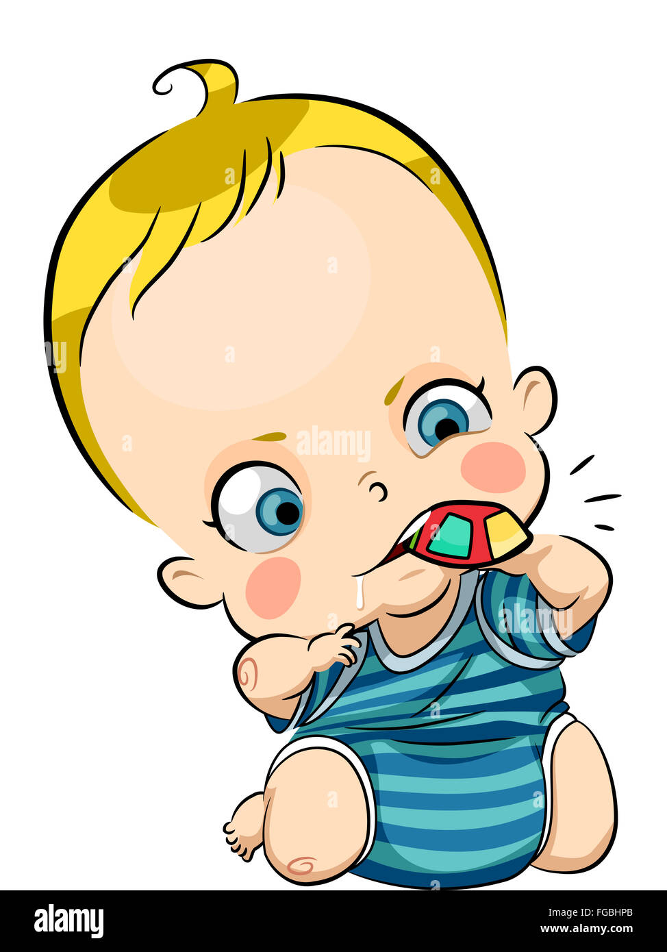 Illustration of a Cute Baby Drooling While Nibbling on a Chew Toy Stock Photo