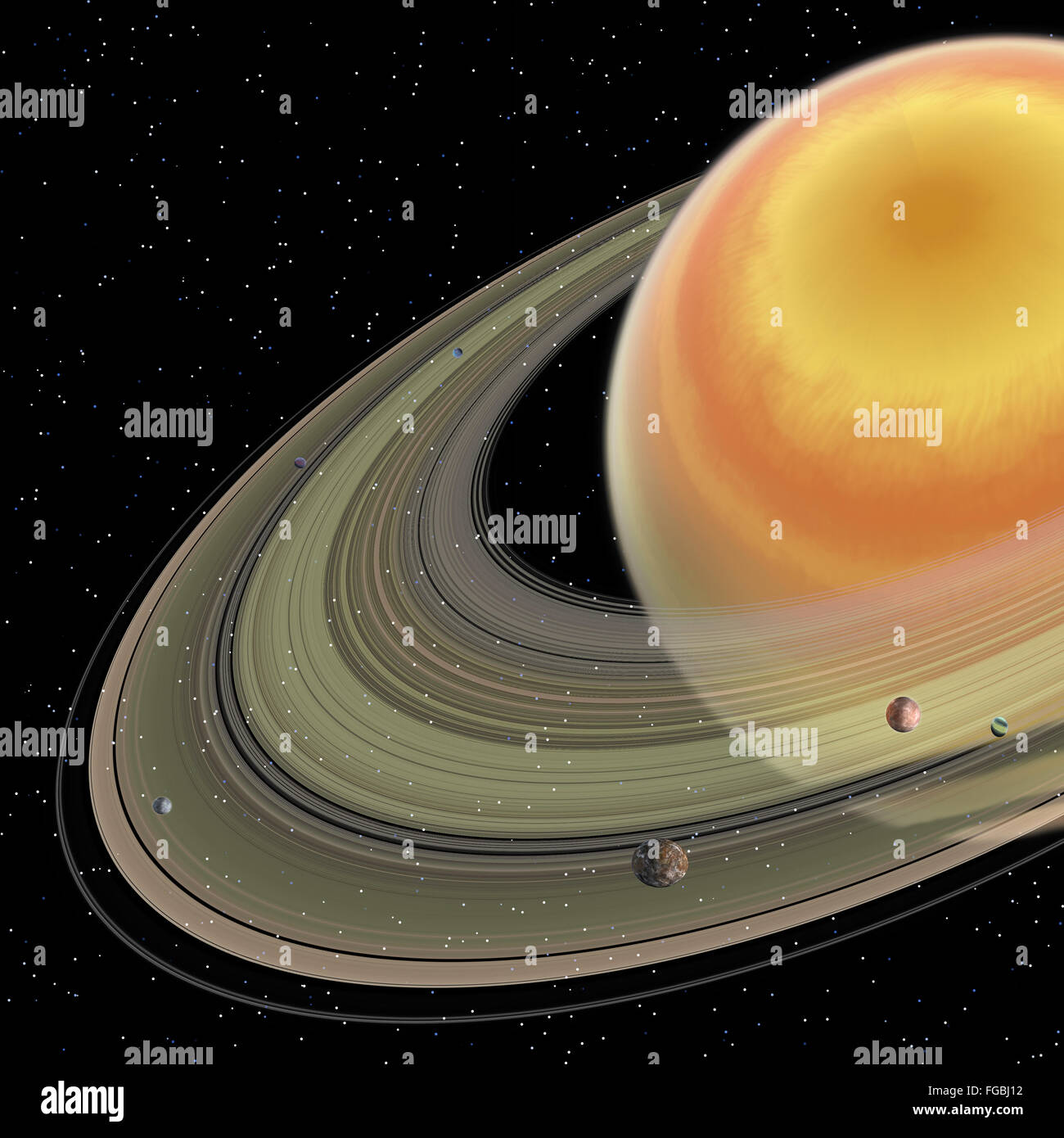 Saturn is the sixth planet in our solar system and has planetary rings with 150 moons. Stock Photo