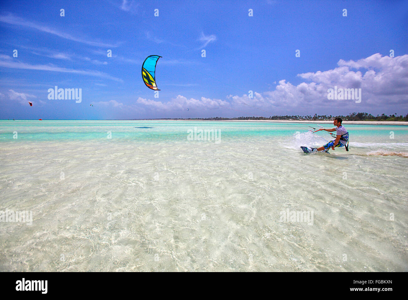 kitesurfing on the beach of Paje. Island of Zanzibar. Tanzania. Africa Stock Photo