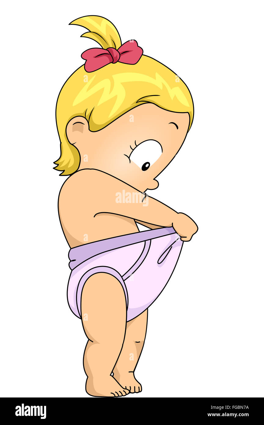 Illustration of a Baby Girl Checking What is Inside Her Diaper Stock Photo