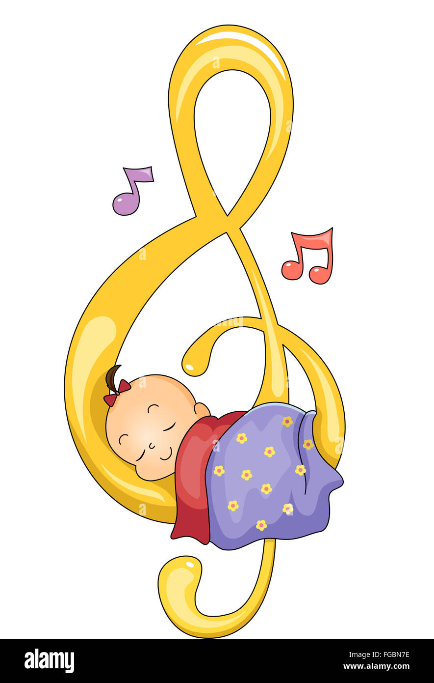 Illustration of a Baby Girl Sleeping Peacefully on a G-clef Stock Photo