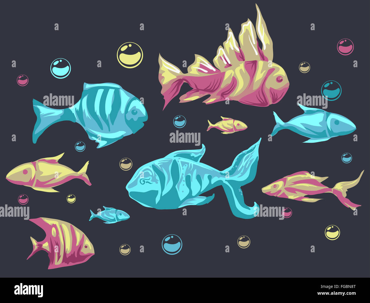 Colorful Illustration Featuring Different Types of Fishes Stock Photo