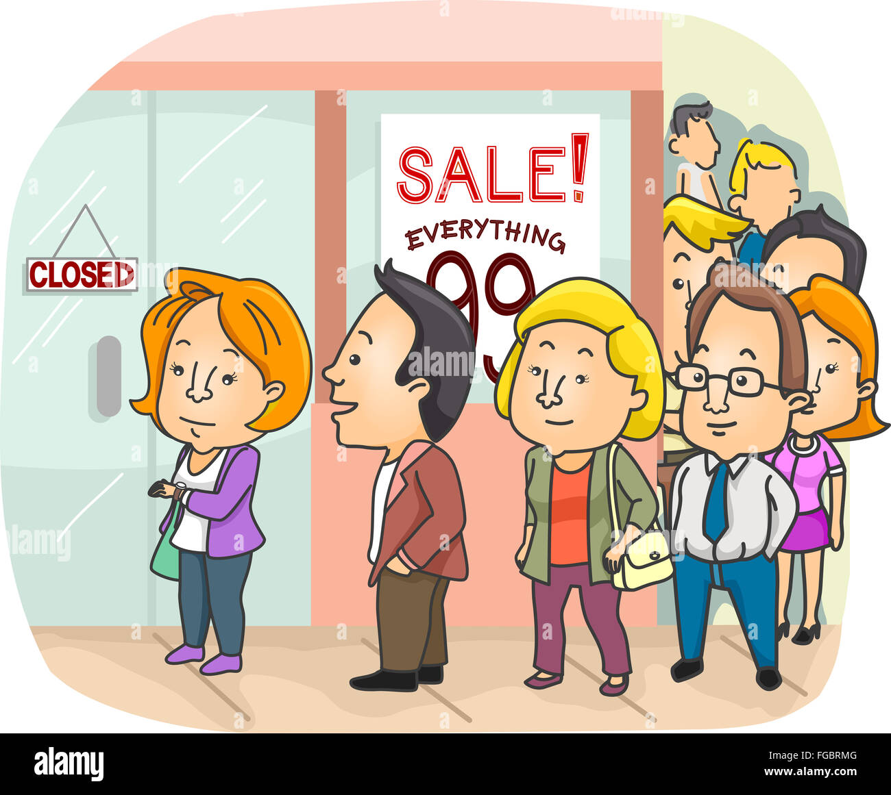 Illustration of a Long Line Outside a Mall Having a Sale Stock Photo