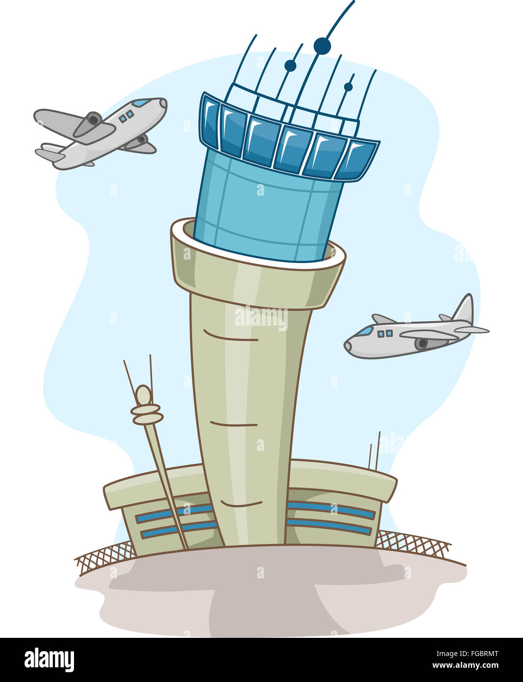 Illustration of Airplanes Circling Around a Control Tower Stock Photo