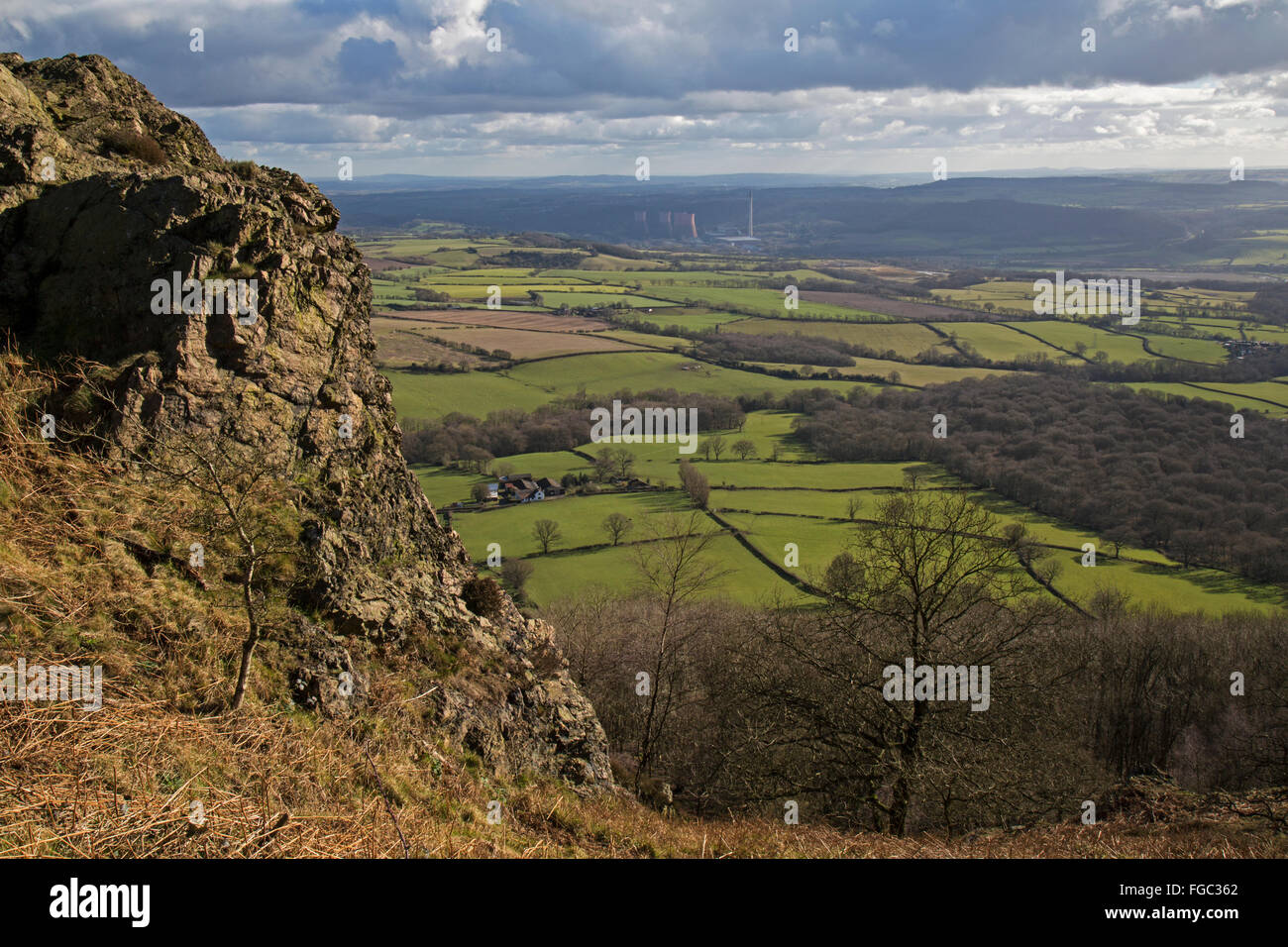 View from the Wrekin hill in Shropshire, England. Looking towards Ironbridge Power Station in the Ironbridge Gorge. Stock Photo
