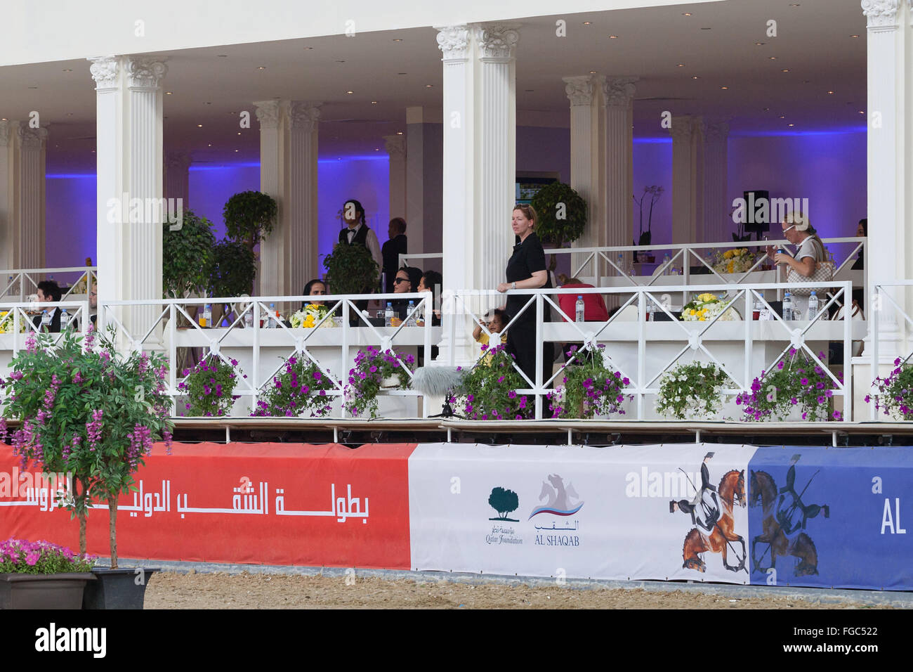 Sheikha Mozah attending CHI Al Shaqab 2014, in the VIP area at Al-Shaqab Equestrian Centre, Doha, Qatar Stock Photo