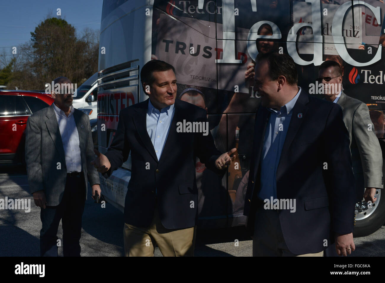 Easley, South Carolina, US. 18th Feb, 2016. TED CRUZ arrives at Mutts Barbecue to addres a rally Thursday, ahead of the South Carolina primary Saturday. © Miguel Juarez Lugo/ZUMA Wire/Alamy Live News Stock Photo