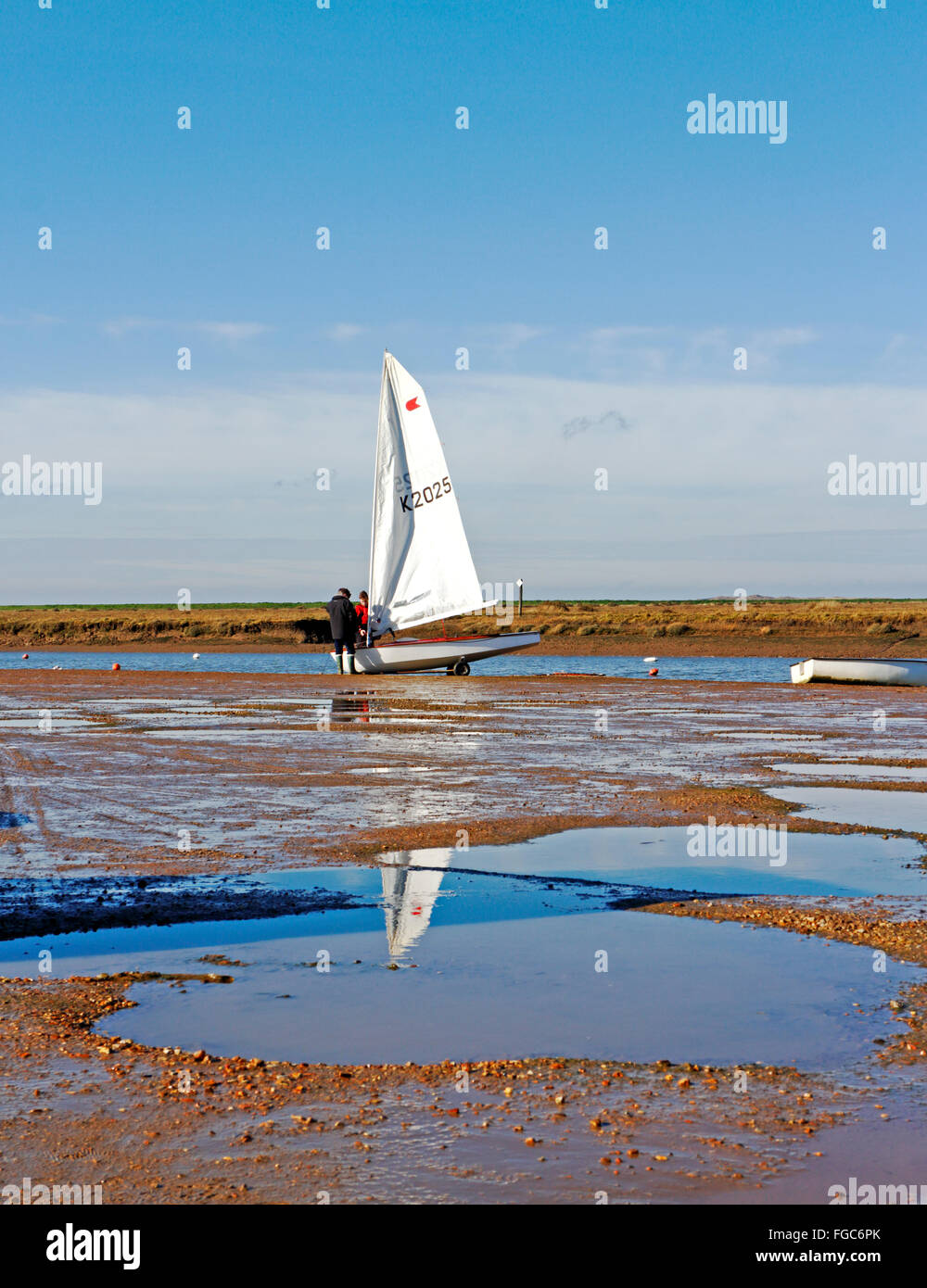 Sailing dinghy on trailer landed at Burnham Overy Staithe, Norfolk