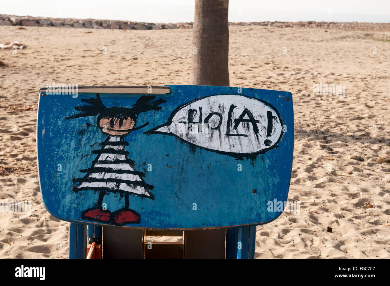 Part of a series of street art/ graffiti images along the coastal footpath/cycle path in Cambrils, Province of Tarragona, Catalo Stock Photo