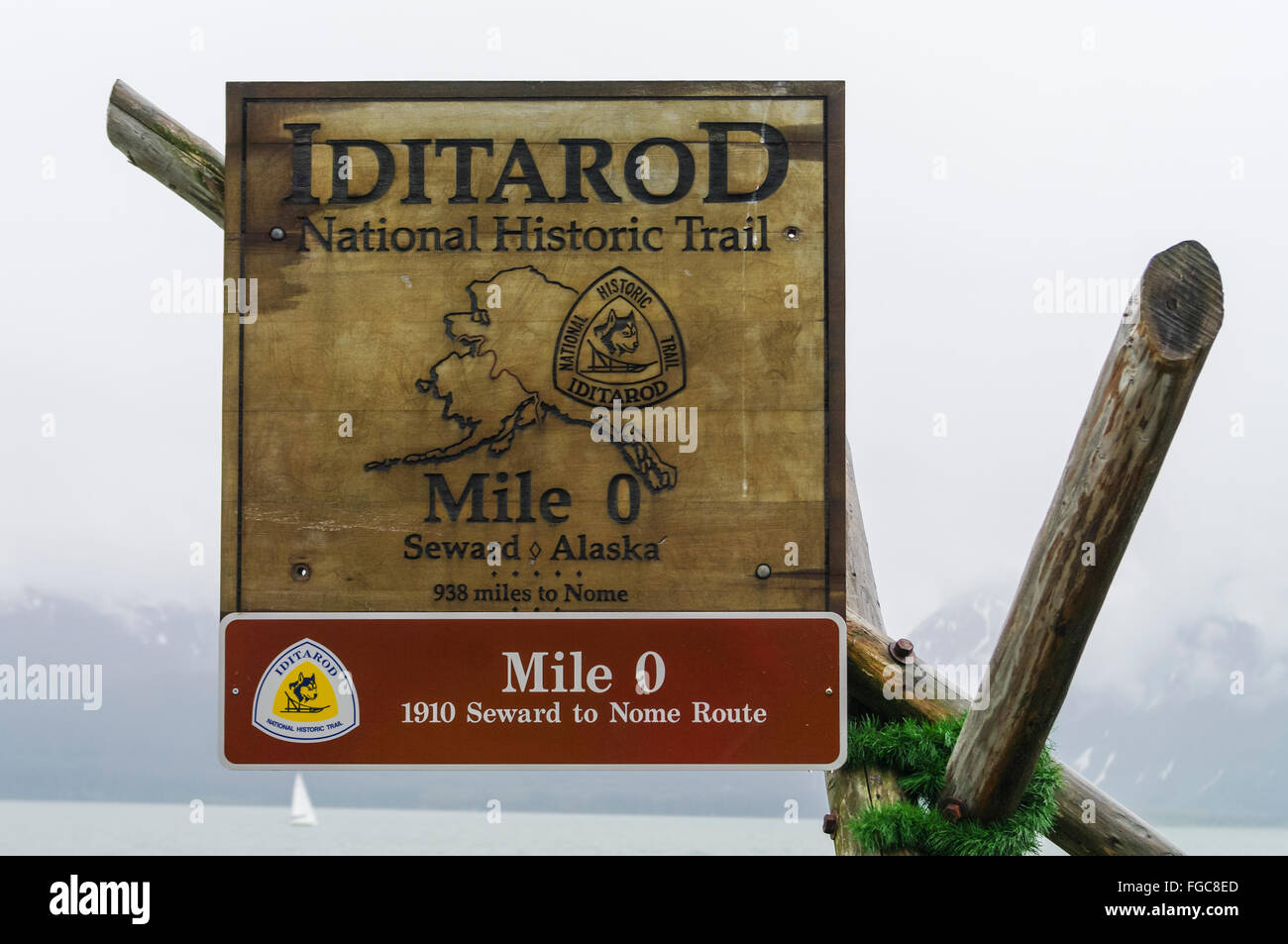 Iditarod national historic trail from Seward to Nome trail marker. Placed at Mile 0 in Seward, Alaska, USA. Stock Photo
