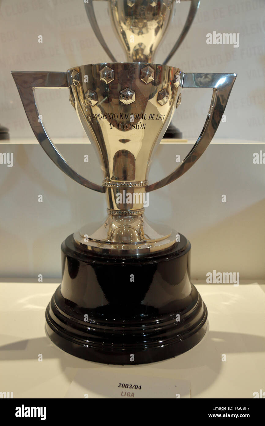 The 2003/04 Campeonato Nacional de Liga trophy won by CValencia CF and on display in the Mestalla in Valencia, Spain. Stock Photo