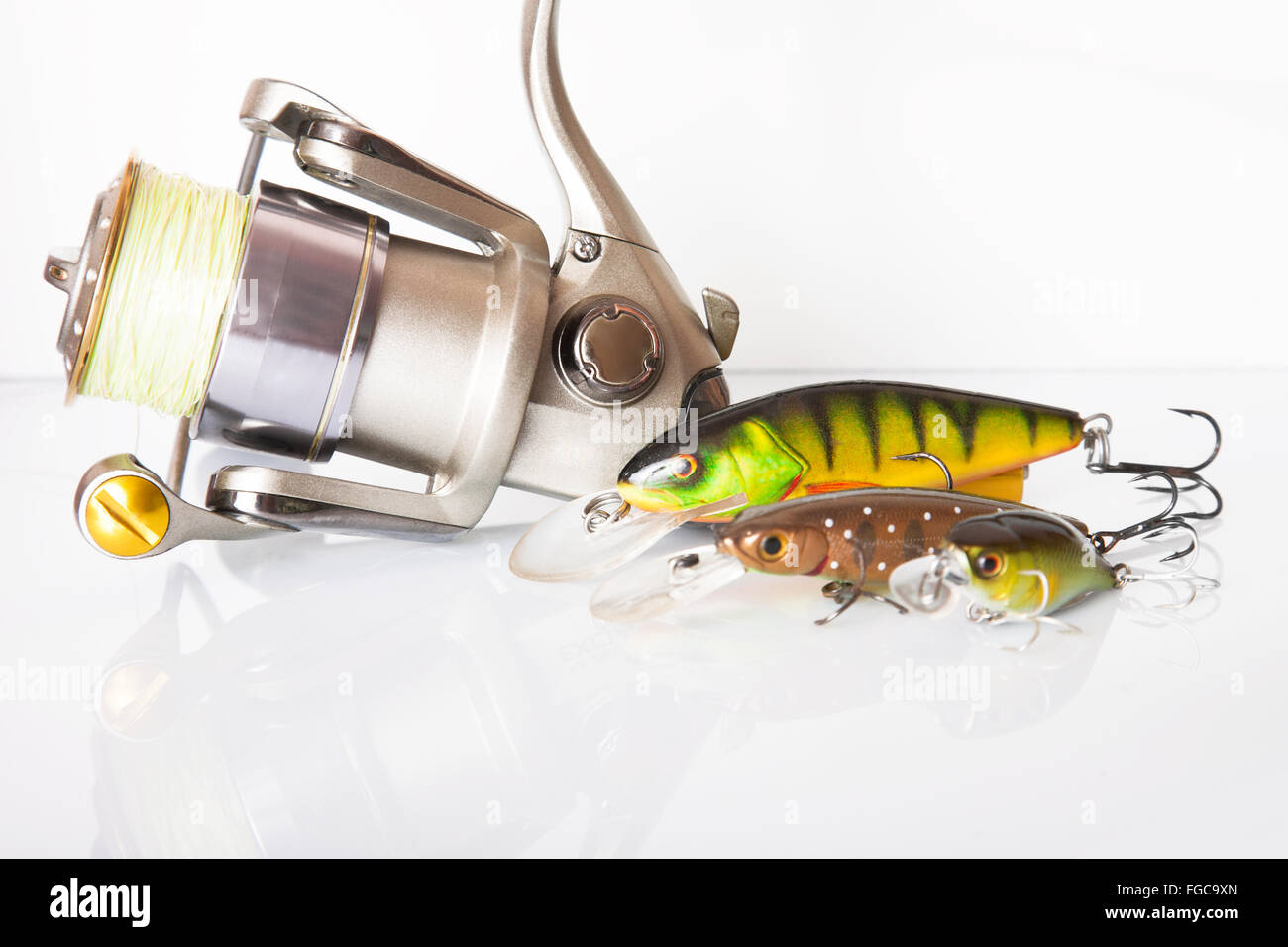 Spinning rod and reel with wobbler lure Stock Photo
