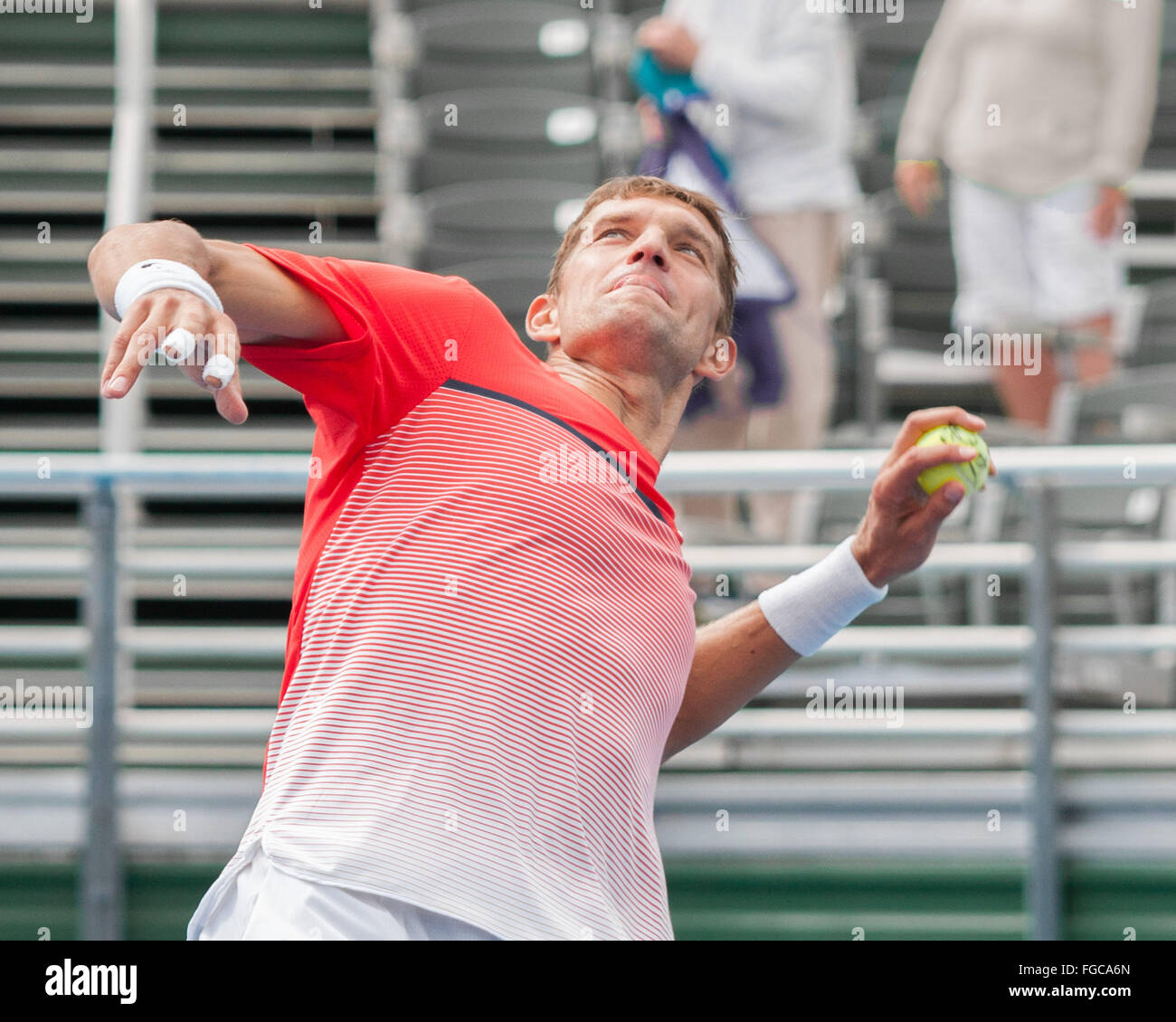 Delray Beach, Florida, US. 18th Feb, 2016. Tennis pro Belarusian MAX MIRNYI prepares to throw a tennis ball to the fans and he his doubles partner TREAT HUEY are through to the ATP World Tour Delray Beach Open semi-finals after a 6-3, 6-4 triumph over Australians Chris Guccione and Bernard Tomic. Credit:  Arnold Drapkin/ZUMA Wire/Alamy Live News Stock Photo