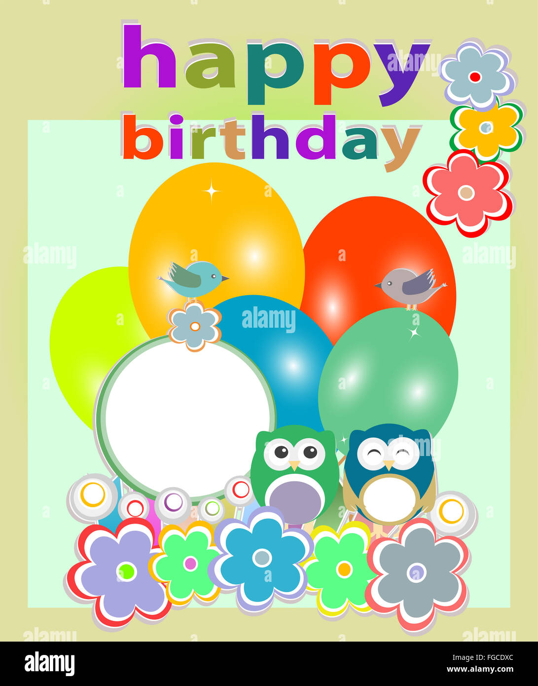 birthday party card with cute birds and owl on trees and flowers Stock ...
