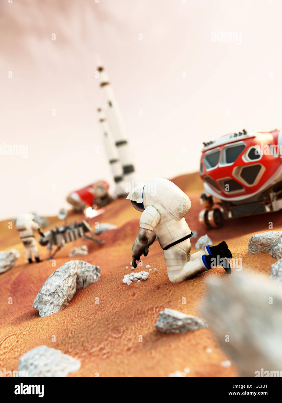 Fictitious scene including vehicles and astronauts depicts manned Mars mission Stock Photo