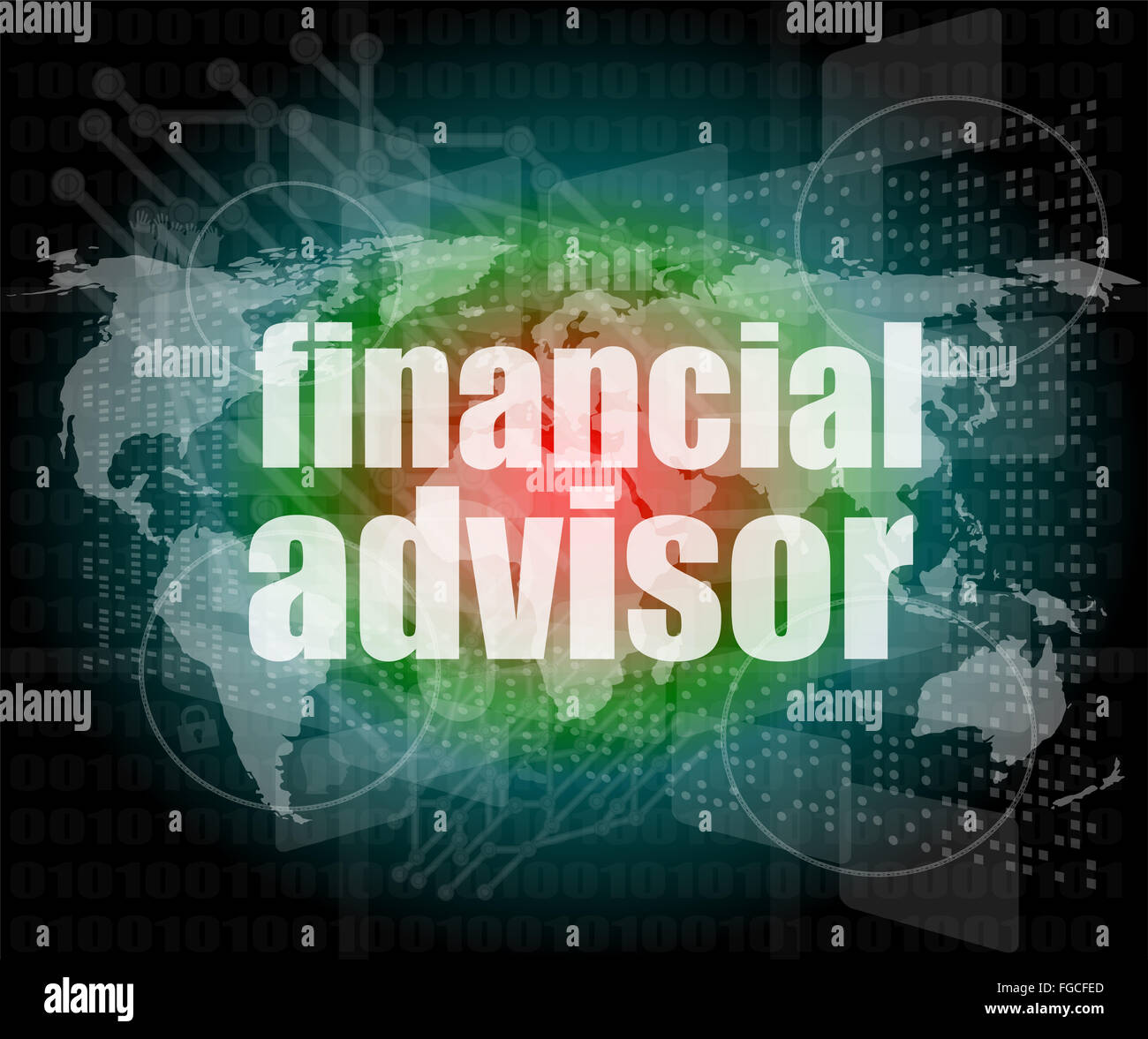 financial advisor word on digital screen, mission control interface hi ...
