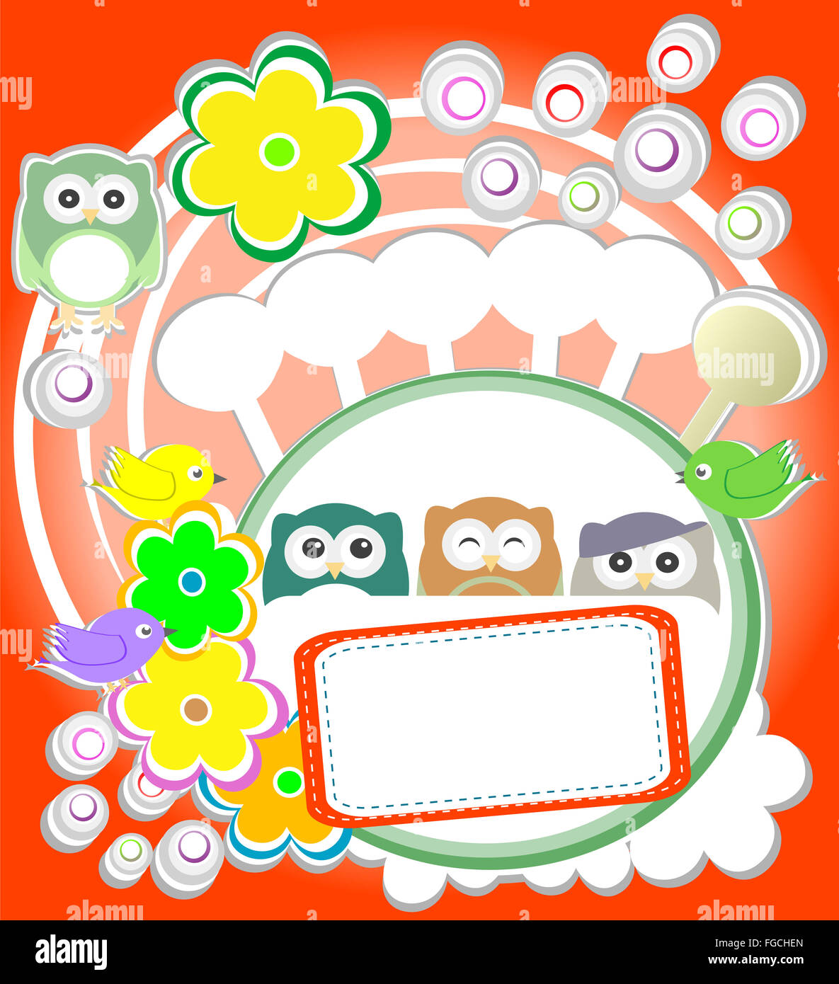 Template greeting card with owls and flowers Stock Photo - Alamy