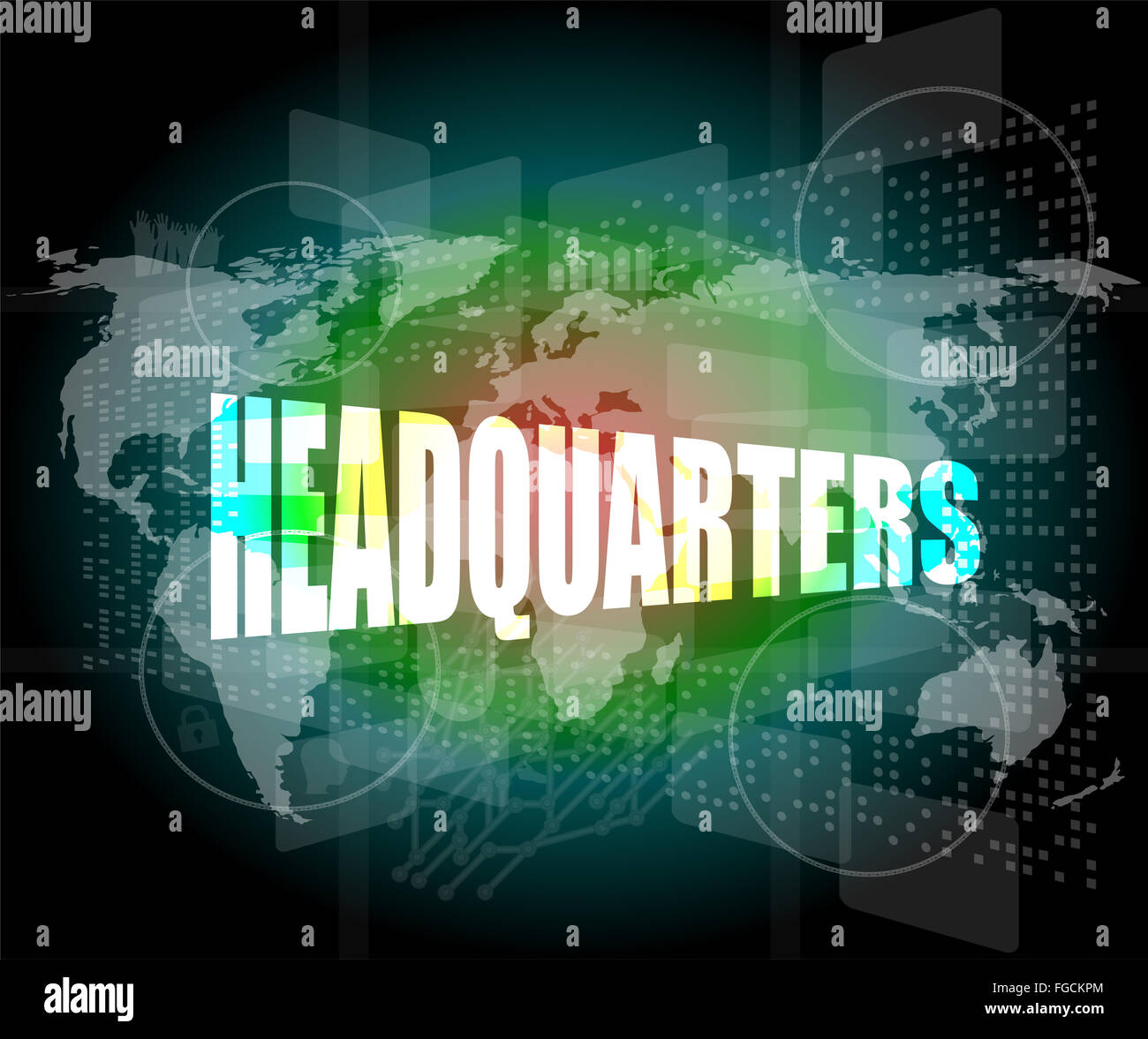 headquarters words on digital screen background with world map Stock