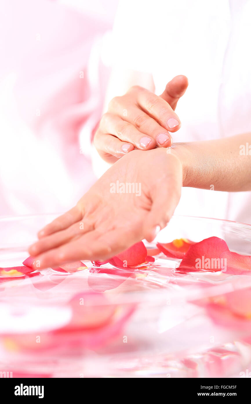 Care treatment of hands and nails woman hands over the bowl with rose petals. Hands women, rose bath nursing. Stock Photo