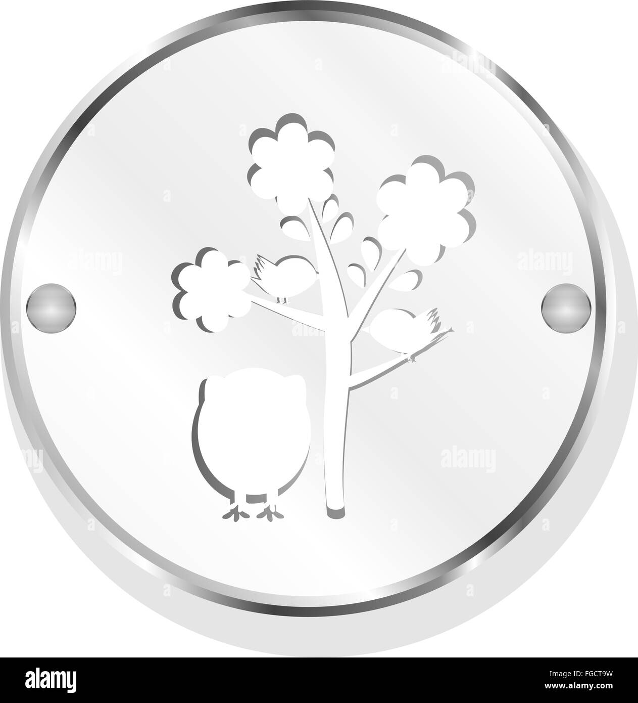 button with owl and tree, isolated on white Stock Photo