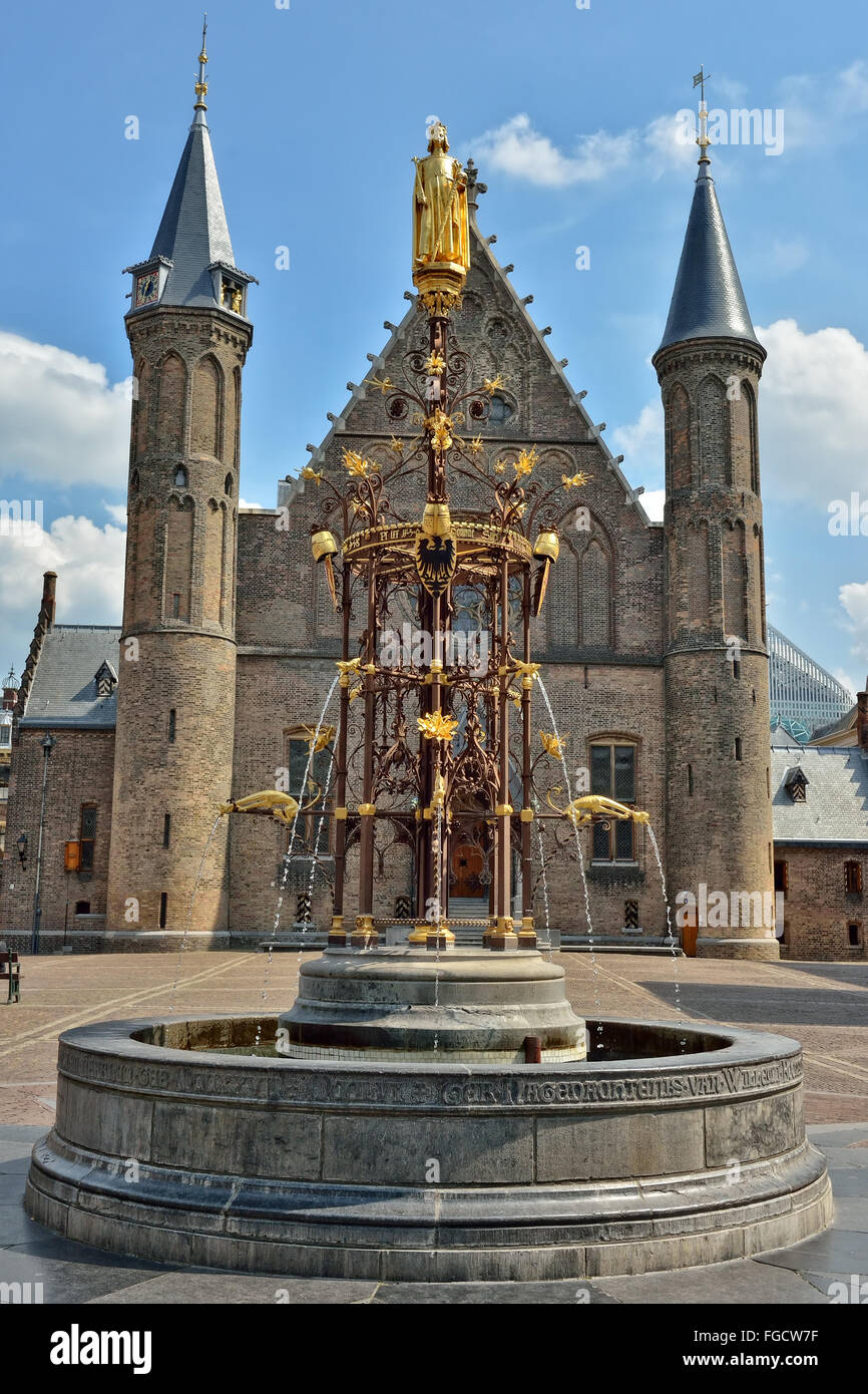 Details of medieval fountain with attributes of knights in historical center of Hague, Netherlands in clear sunny day Stock Photo
