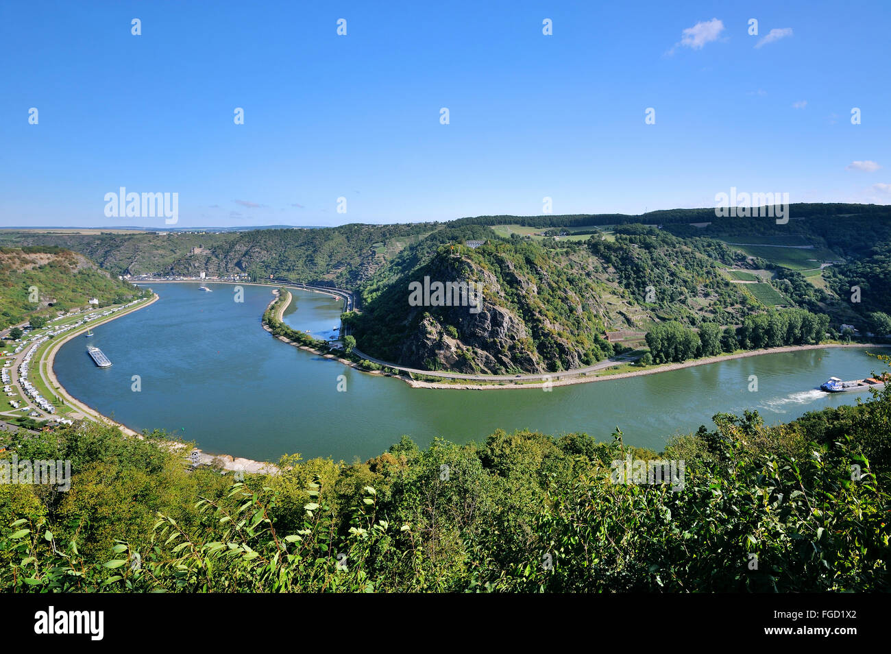 Curvation of the Rhine at the rocks of Lorelei, panorama sight from Lorelei View, Upper Middle Rhine Valley, Germany Stock Photo