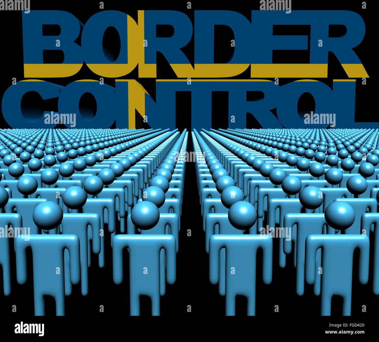 Border Control text with Swedish flag and crowd of people illustration Stock Photo