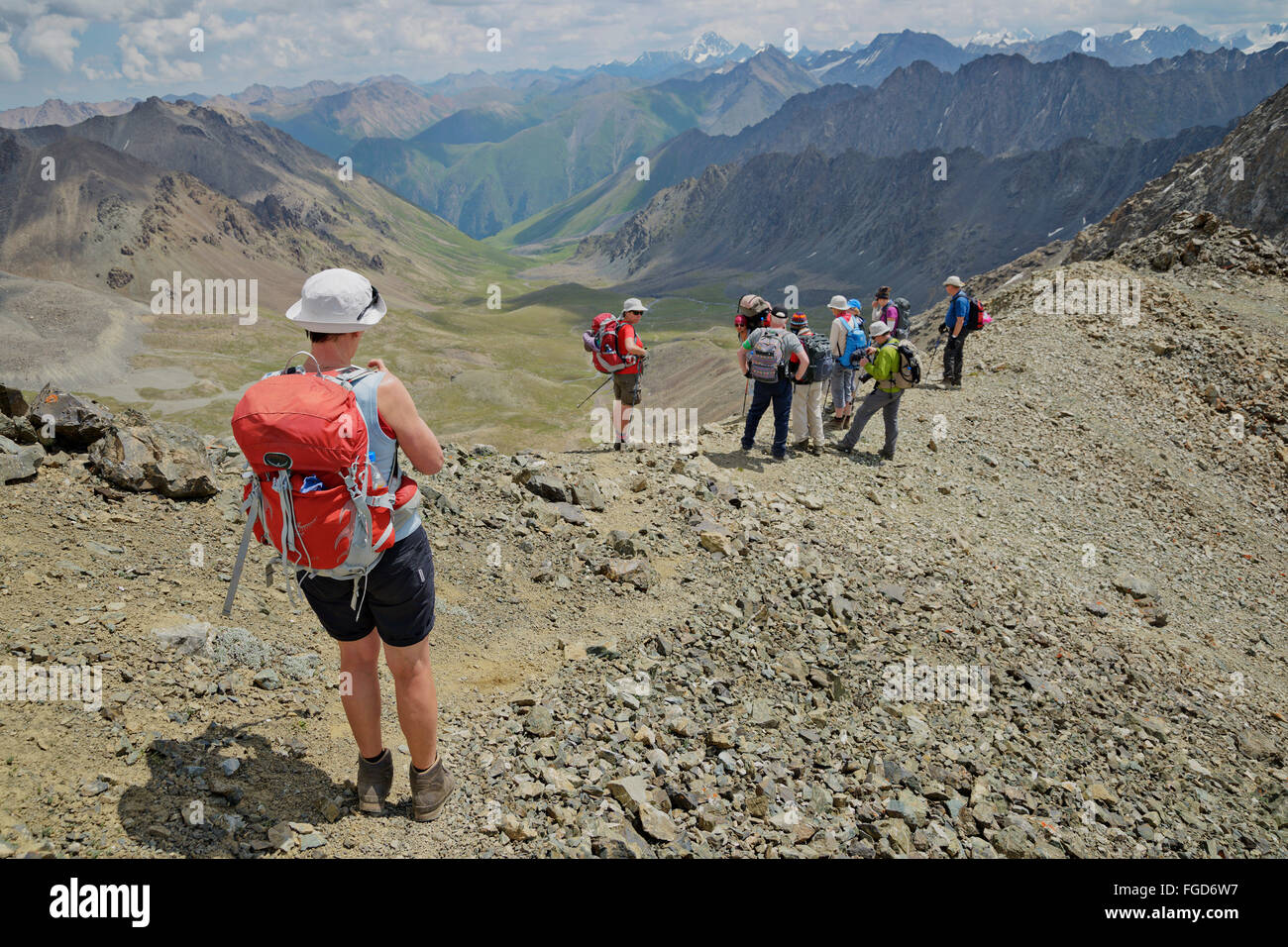 Trekking group on top of Telety pass, Kyrgyzstan. Stock Photo