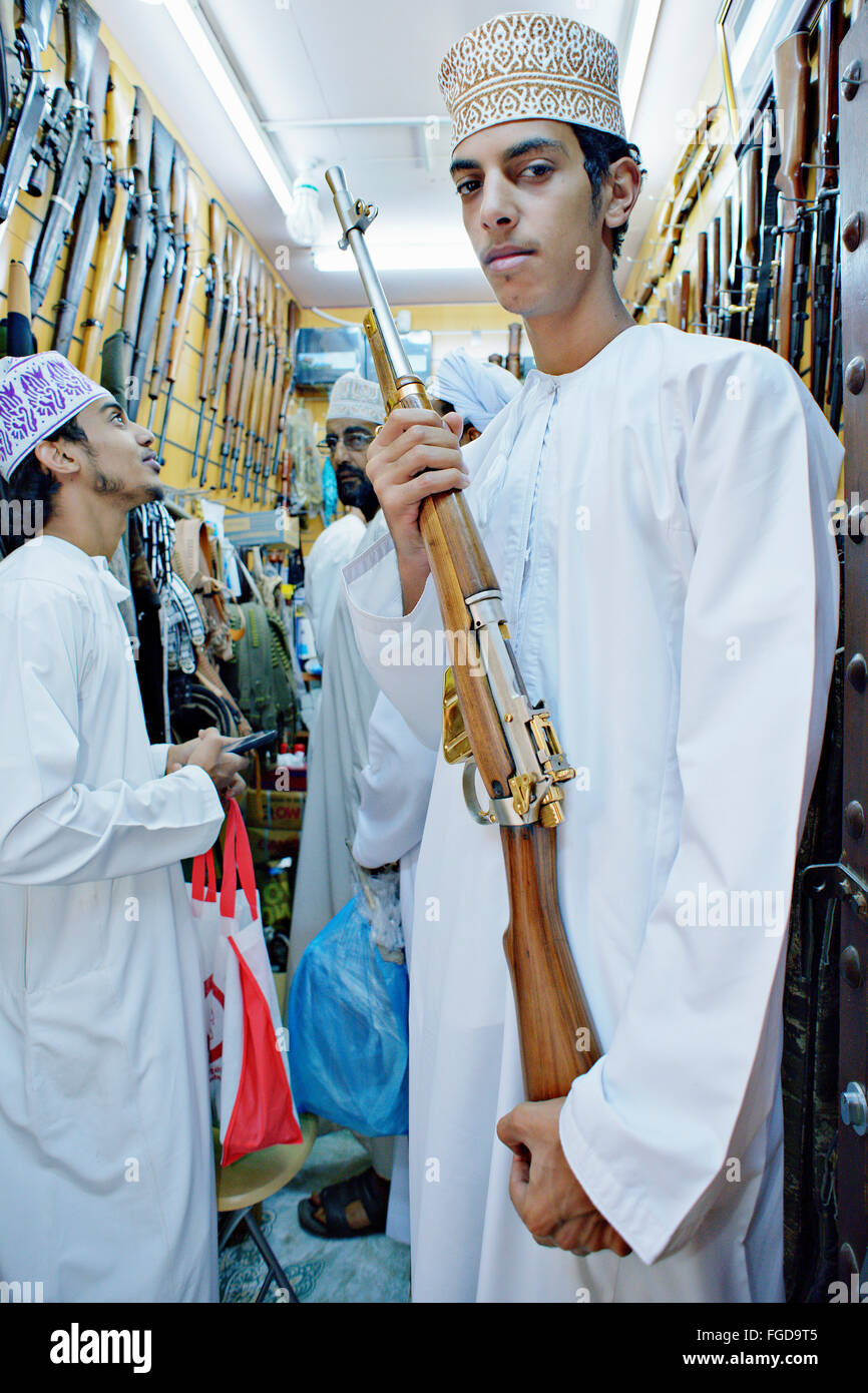 Gun shop in Nizwa, Oman. In Bedouin culture it's common to own a rifle. Stock Photo