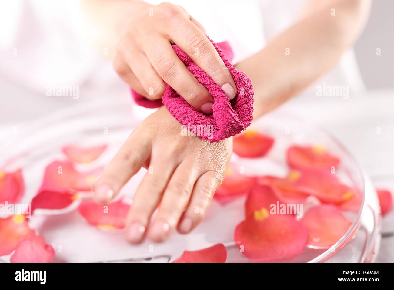 Care treatment of hands and nails woman hands over the bowl with rose petals. Hands women, rose bath nursing Stock Photo