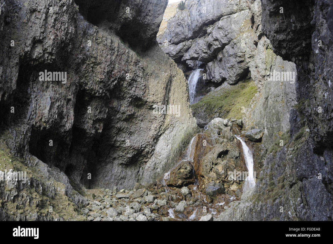 Limestone Ravines Waterfalls flowing through limestone ravine (glacial channel), Gordale ...