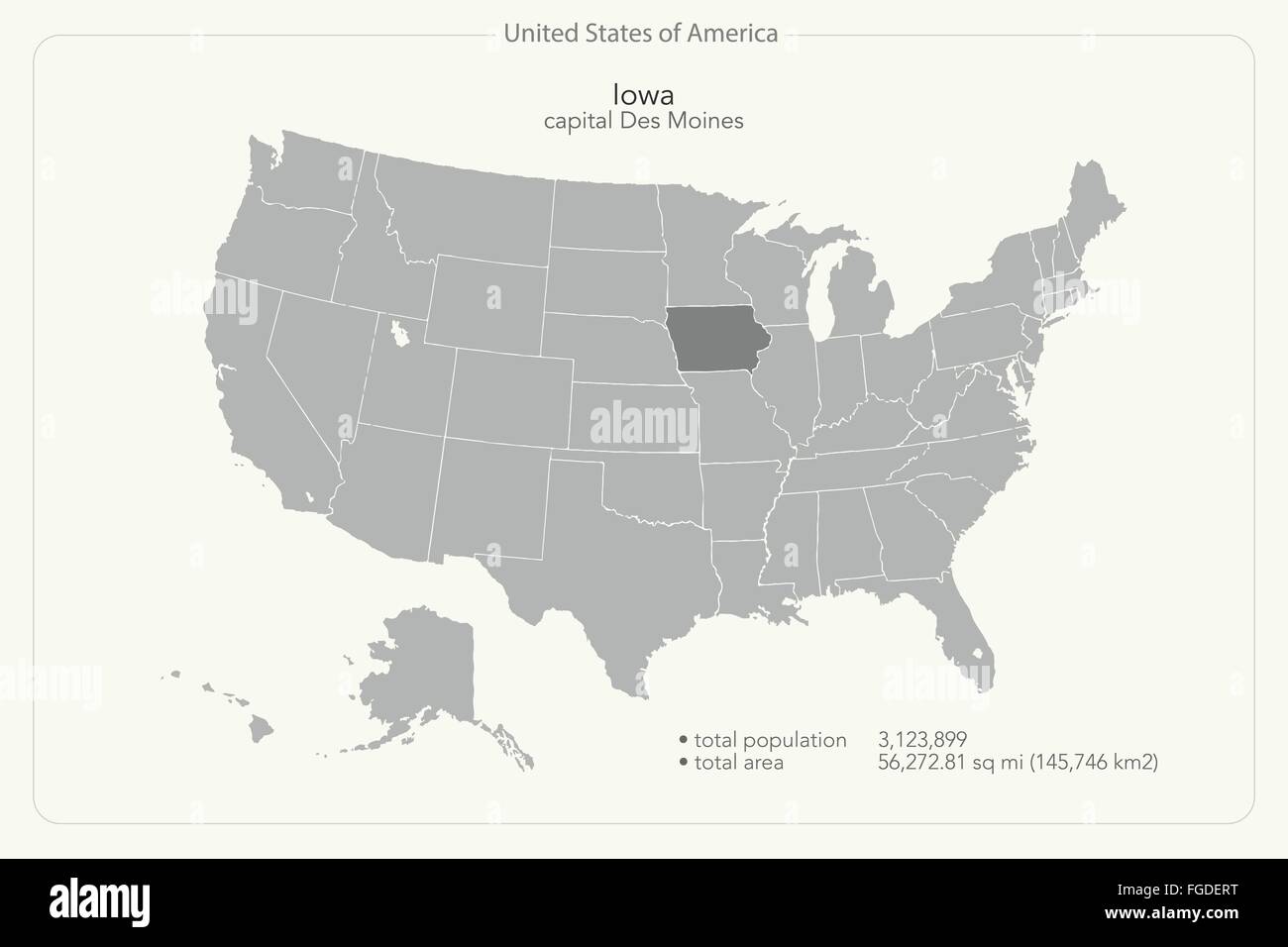 United States of America isolated map and Iowa State territory. vector USA political map
