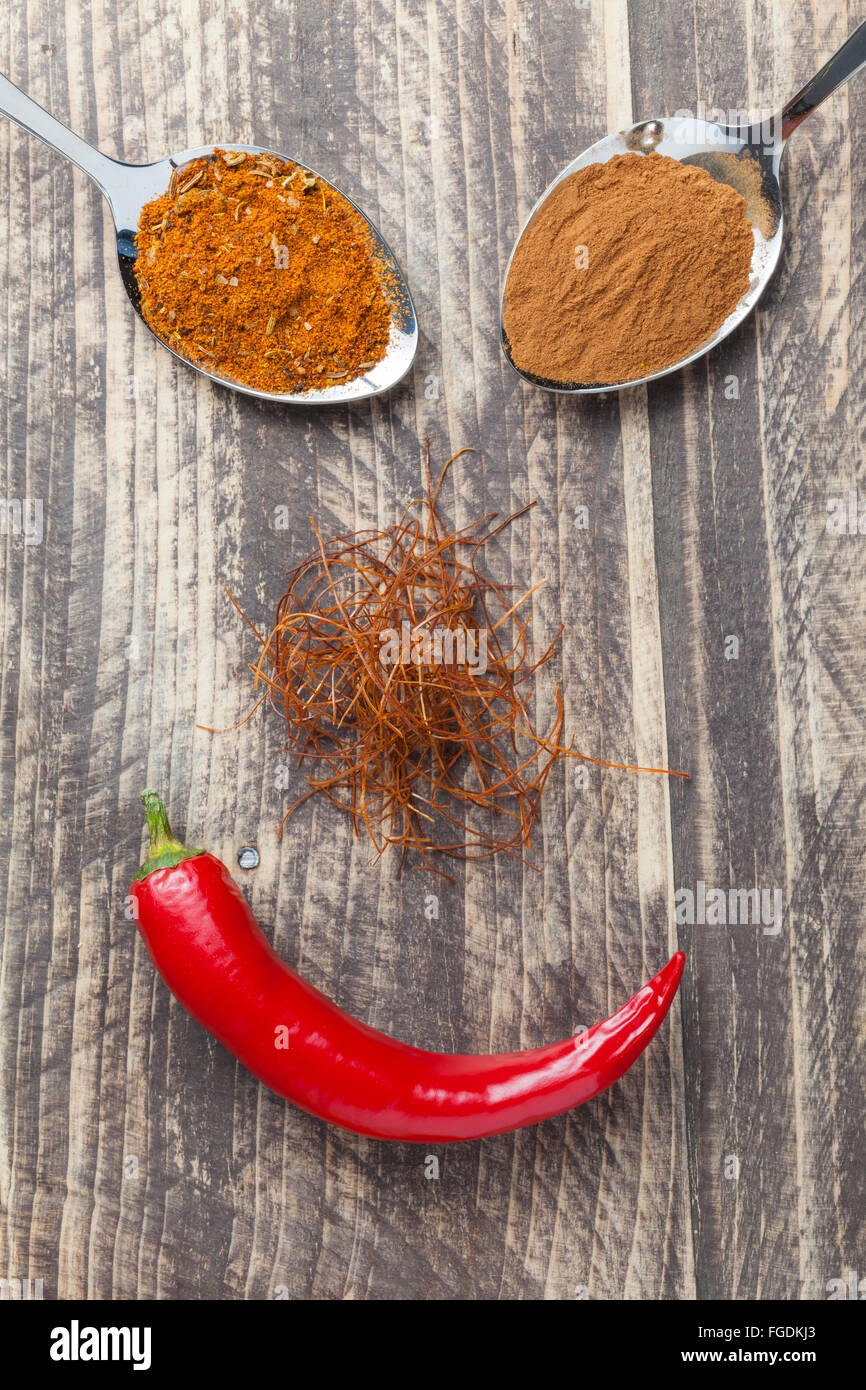 oriental asian indian spices pepper chili saffron strings curcuma on