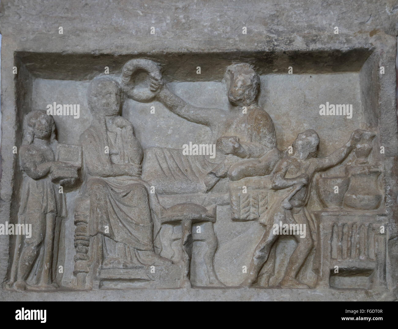 Greek Art. Stele coronation. Banquet funeral. 150-100 BC. Cios, Turkey. Marble. Louvre Museum. Paris. France. Stock Photo