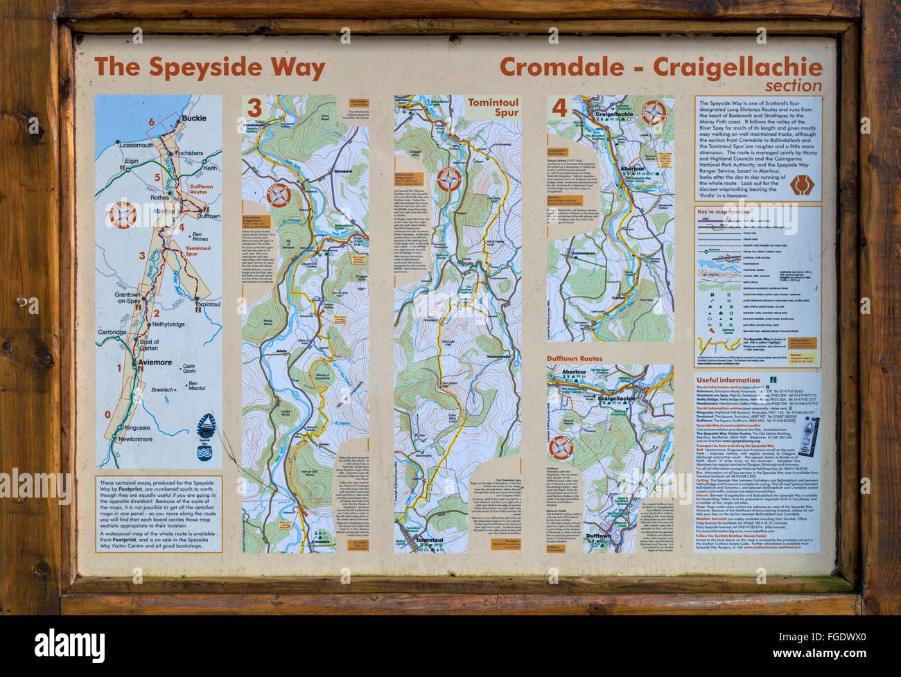 SPEYSIDE WAY SIGNS MAPS OF THE ROUTE ALONG THE WALK AT BLACKSBOAT CROMDALE TO CRAIGELLACHIE SECTION Stock Photo