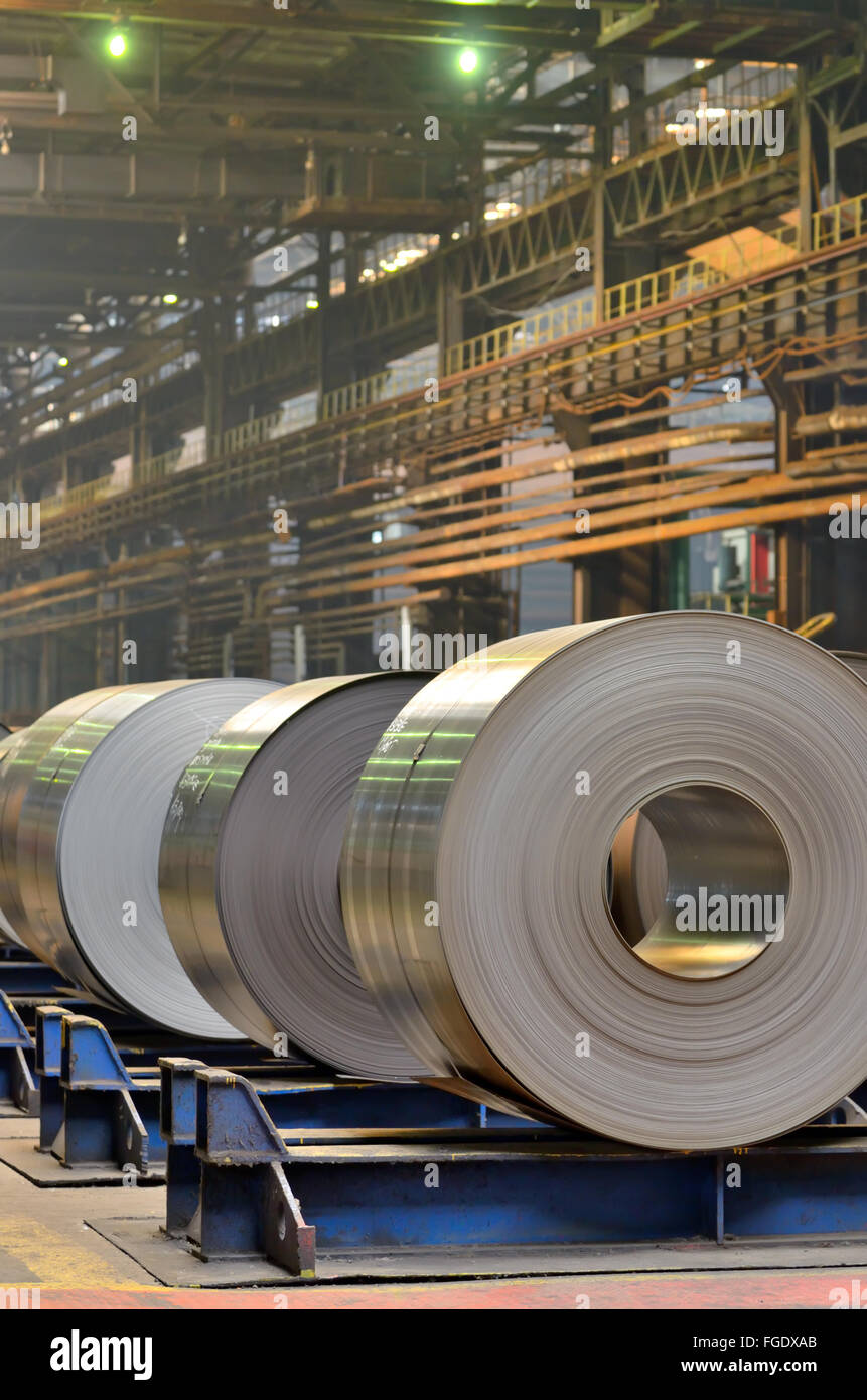 Cold rolled steel coils in steel plant Stock Photo