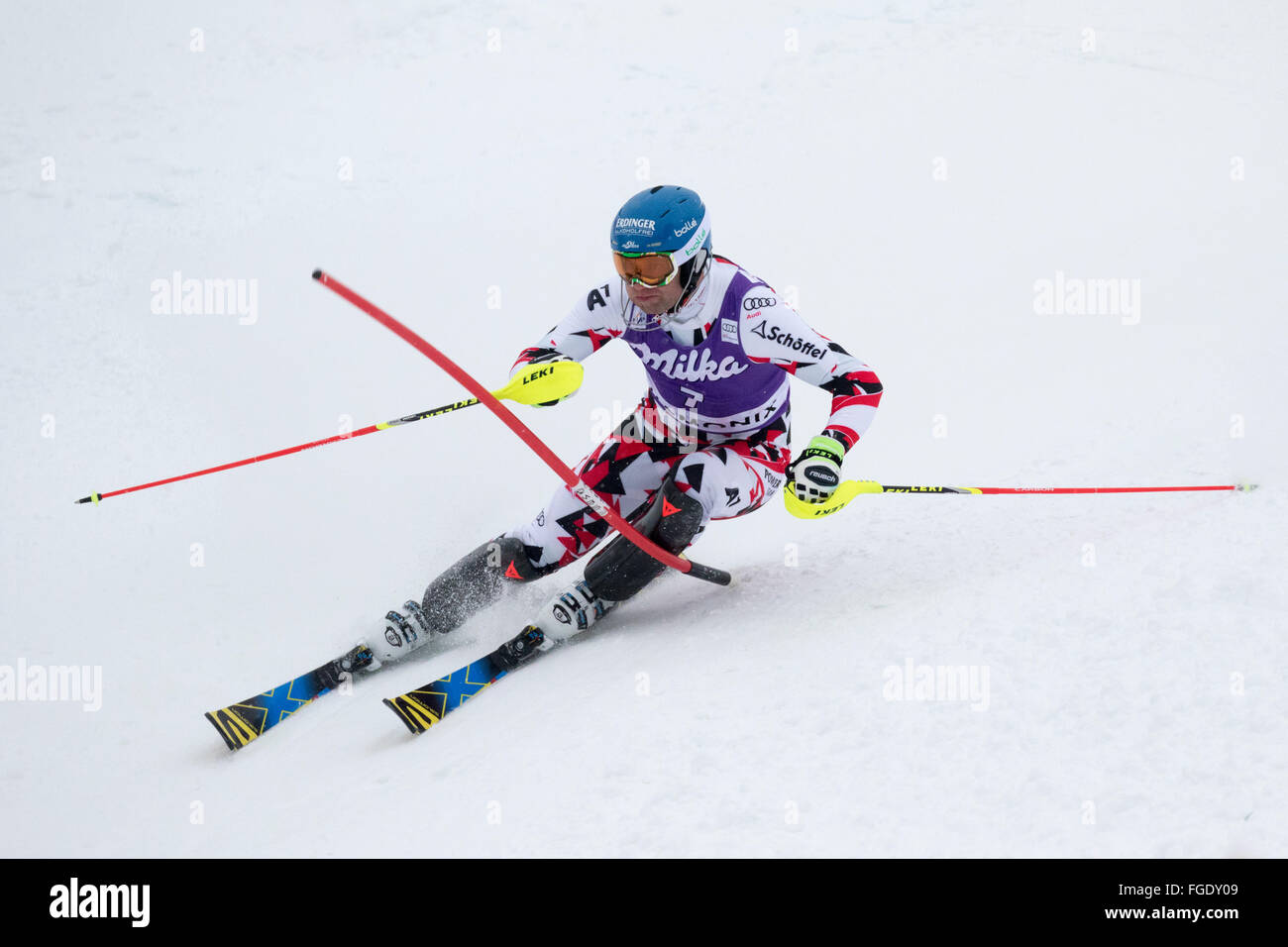 Chamonix France. 19th February, 2016. The Men's Alpine Combined event (downhill and slalom) started with the slalom section of the race instead of the downhill due to weather conditions (heavy snow) in Chamonix at 10:30h.  Christof INNERHOFER of Italy.  After the first run, French team skier Alex Pinterault leads.   After the first run the standings are  1- PINTURAULT Alexis (FRA) 42.55 2- MERMILLOD BLONDIN Thomas (FRA) 42.91 3- MUFFAT-JEANDET Victor (FRA) 42.92 Credit:  Genyphyr Novak/Alamy Live News Stock Photo