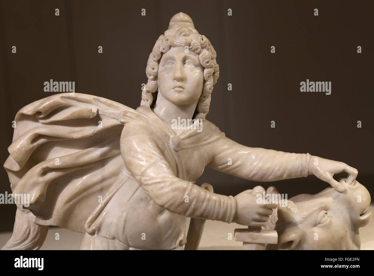 The Roman cult of Mithras. Tauroctony. Mithras killing the bull. Marble. Roman statue. Louvre Museum. Paris. France. Stock Photo