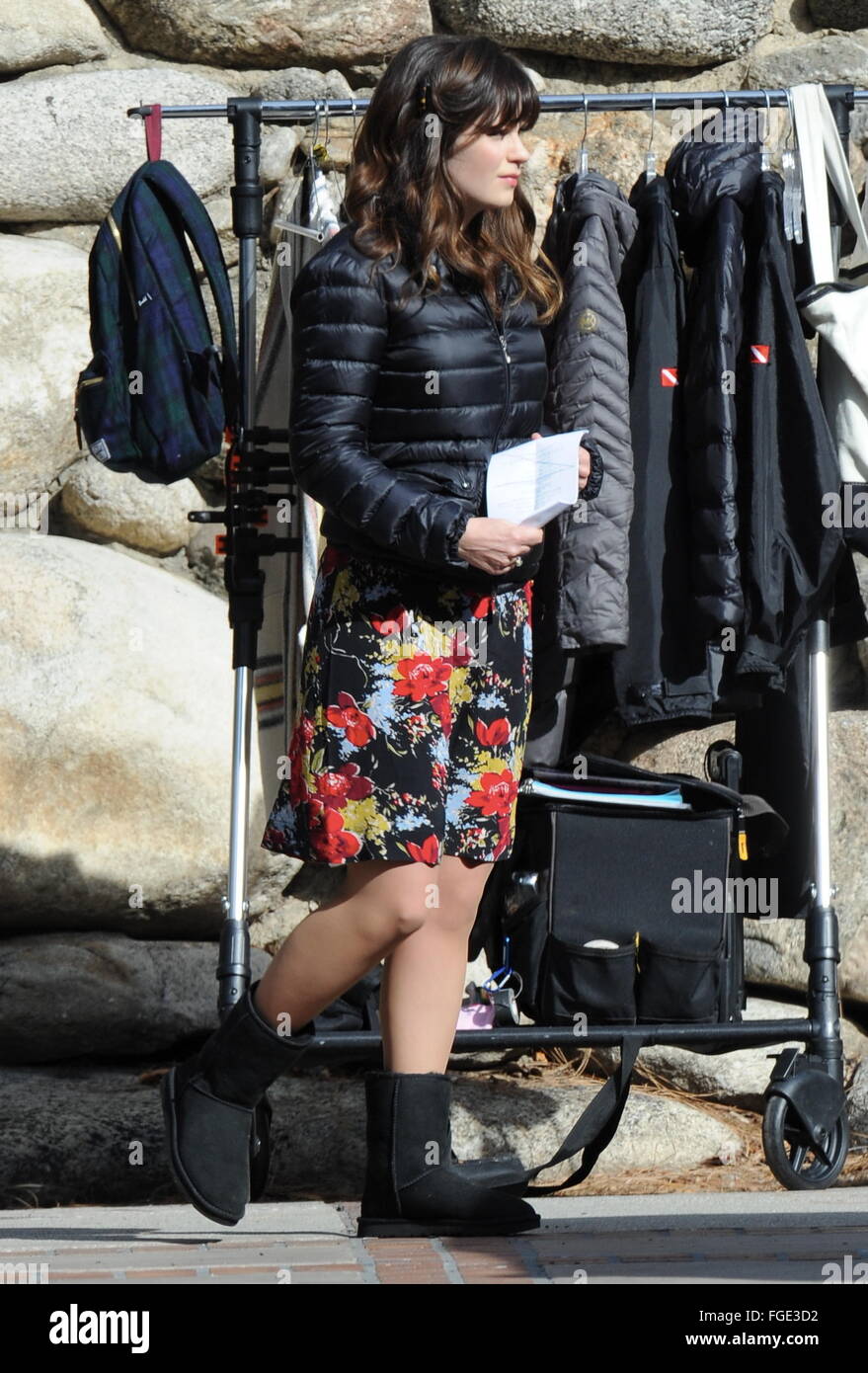 Zooey Deschanel back on set for "New Girl". The actress wears ugg boots and  a down jacket to her dress. Featuring: Zooey Deschanel Where: Pasadena,  California, United States When: 13 Jan 2016