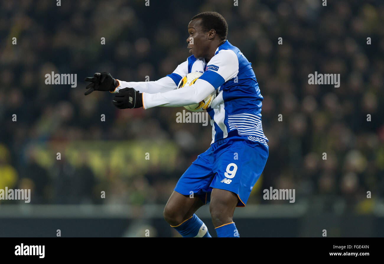Dortmund, Germany. 18th Feb, 2016. Porto's Vincent Aboubakar in action during the UEFA Europa League between Borussia Dortmund and FC Porto at Signal Iduna Park in Dortmund, Germany, 18 February 2016. Photo: Guido Kirchner/dpa/Alamy Live News Stock Photo