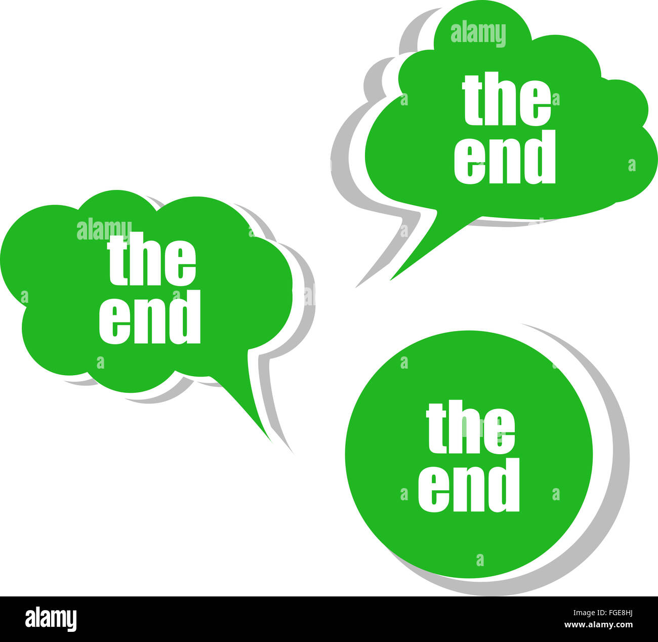 the end words on modern banner design template. set of stickers, labels, tags, clouds Stock Photo