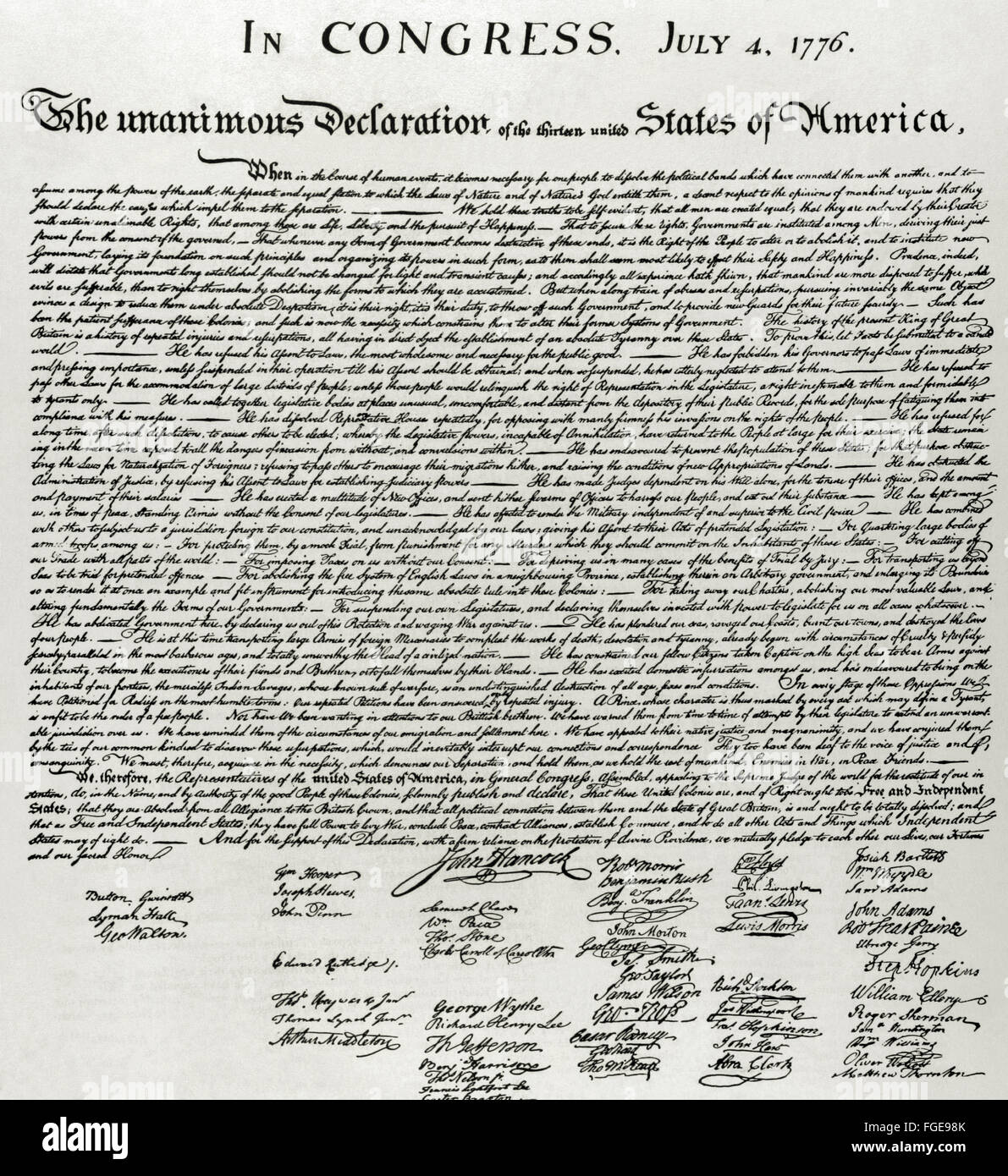 The Declaration of Independence of United States of America. July 4, 1776. Authors: Thomas Jefferson, John Adams and Benjamin Franklin. Facsimile. 19th century. Stock Photo