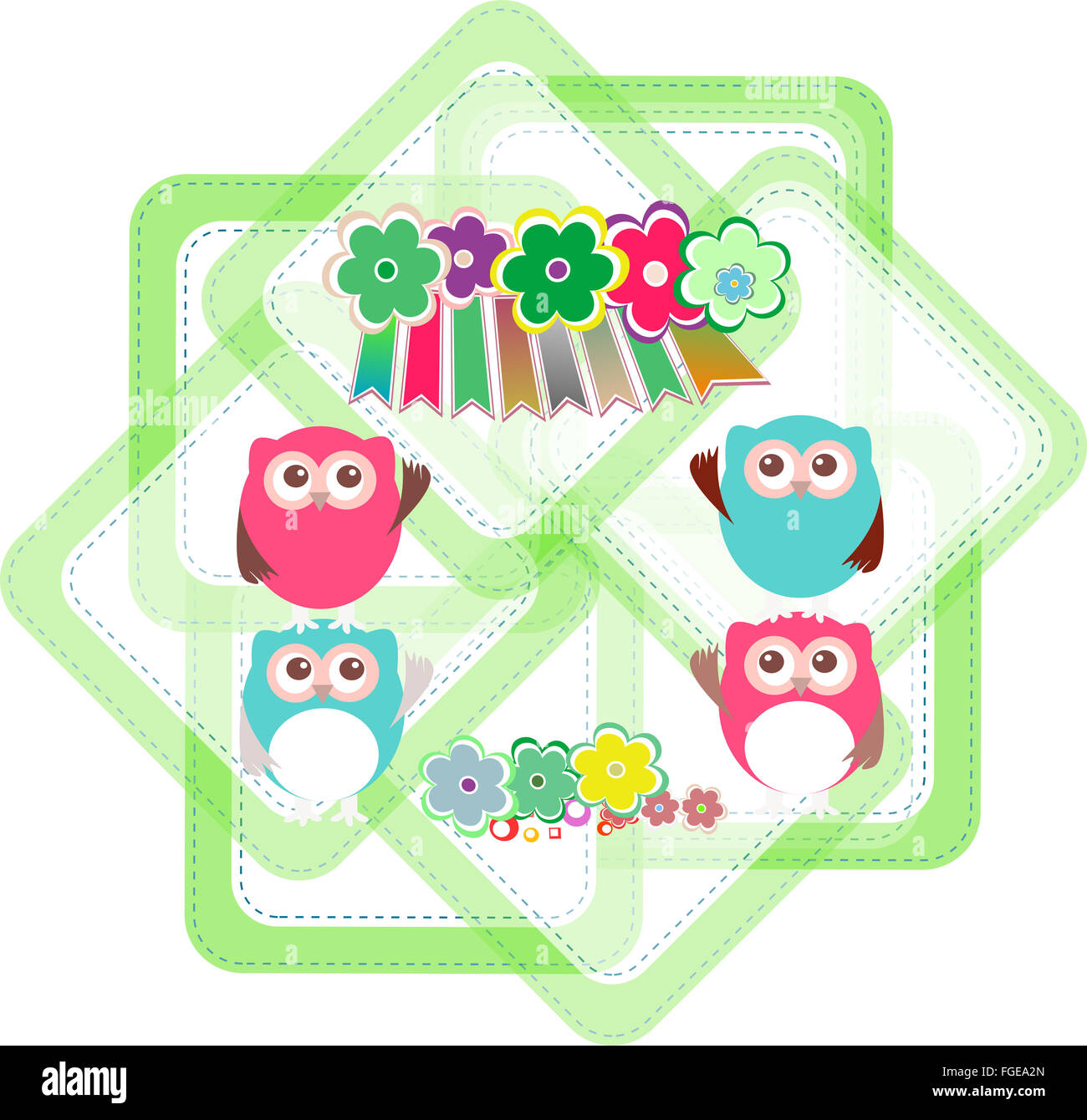 cartoon owls, flowers, holiday invitation card Stock Photo