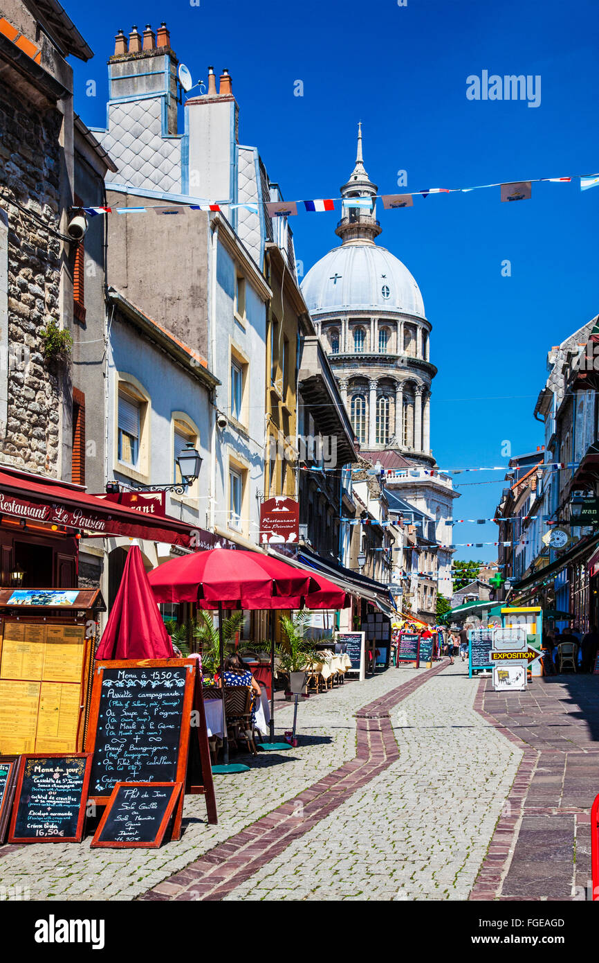 Rue de Lille, a narrow cobbled street of restaurants in Boulogne, France. Stock Photo
