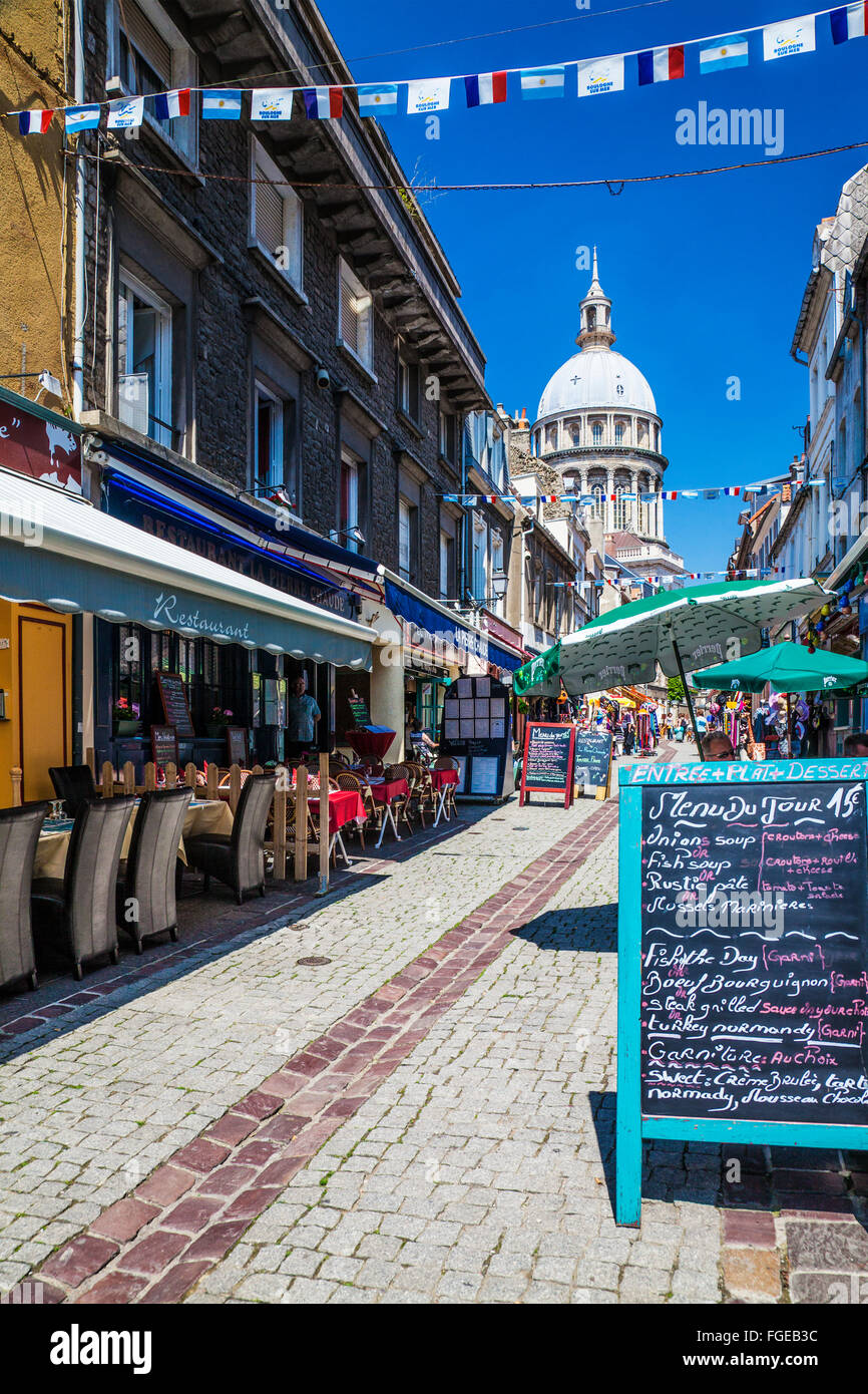 Rue de Lille, a narrow cobbled street of restaurants in Boulogne, France. Stock Photo