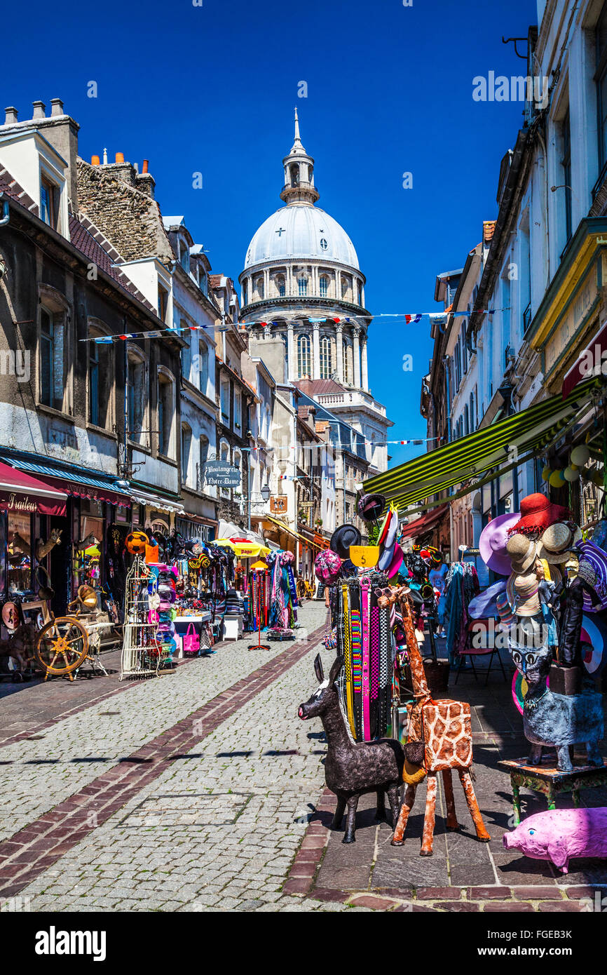 Rue de Lille, a narrow cobbled street of souvenir shops in Boulogne, France. Stock Photo