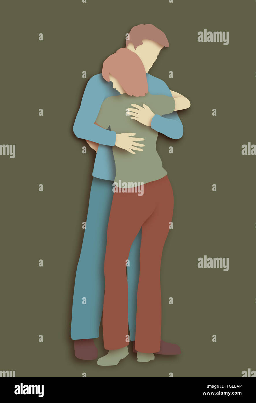 Cutout illustration of a man and woman hugging each other Stock Photo