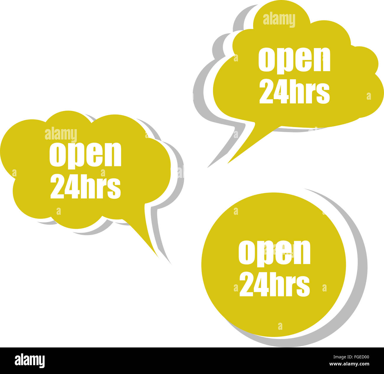 open 24 hours word on modern banner design template. set of stickers