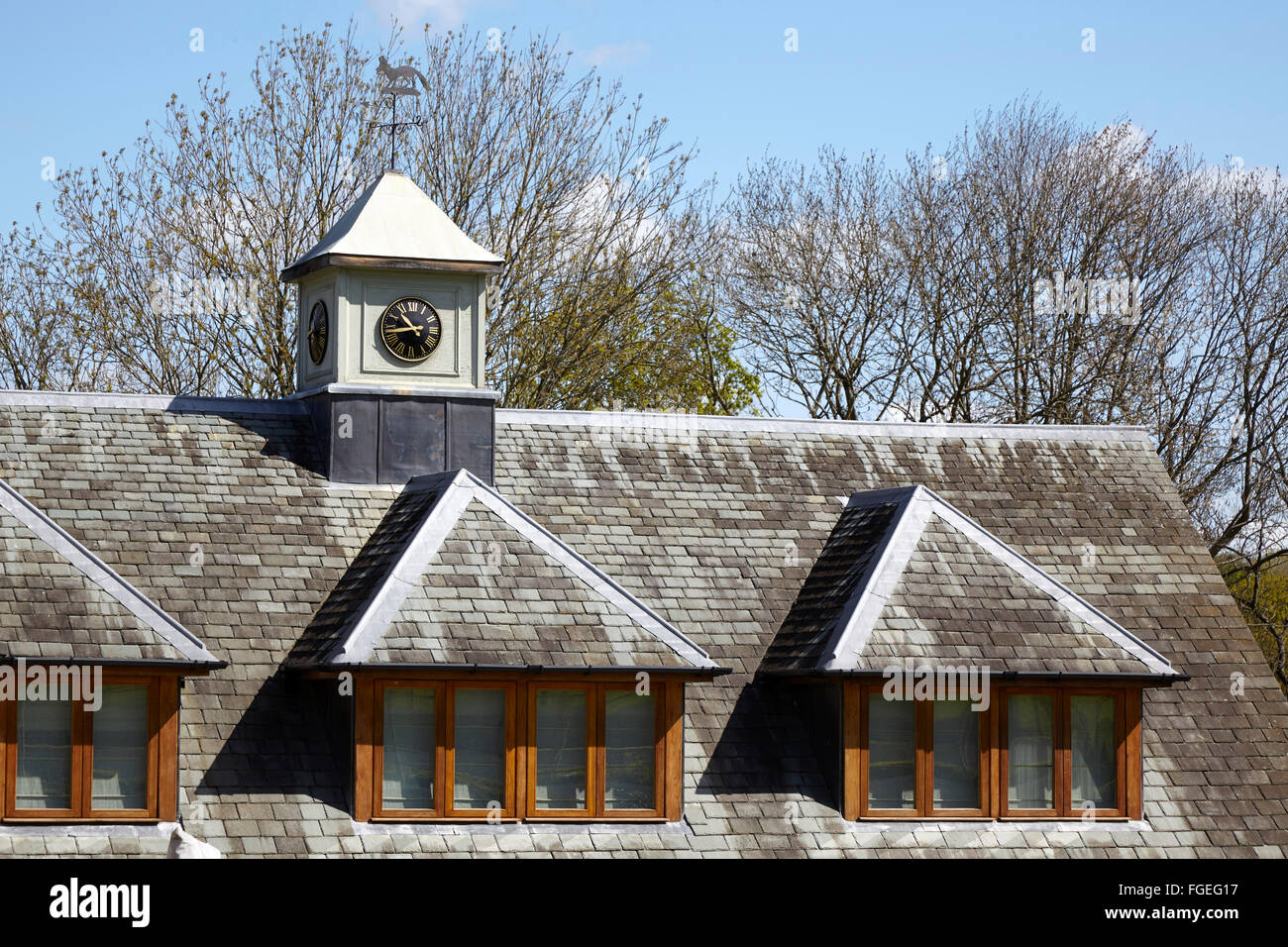 Roof clock tower and dormer windows. Tudor Hall, Potters Bar, United